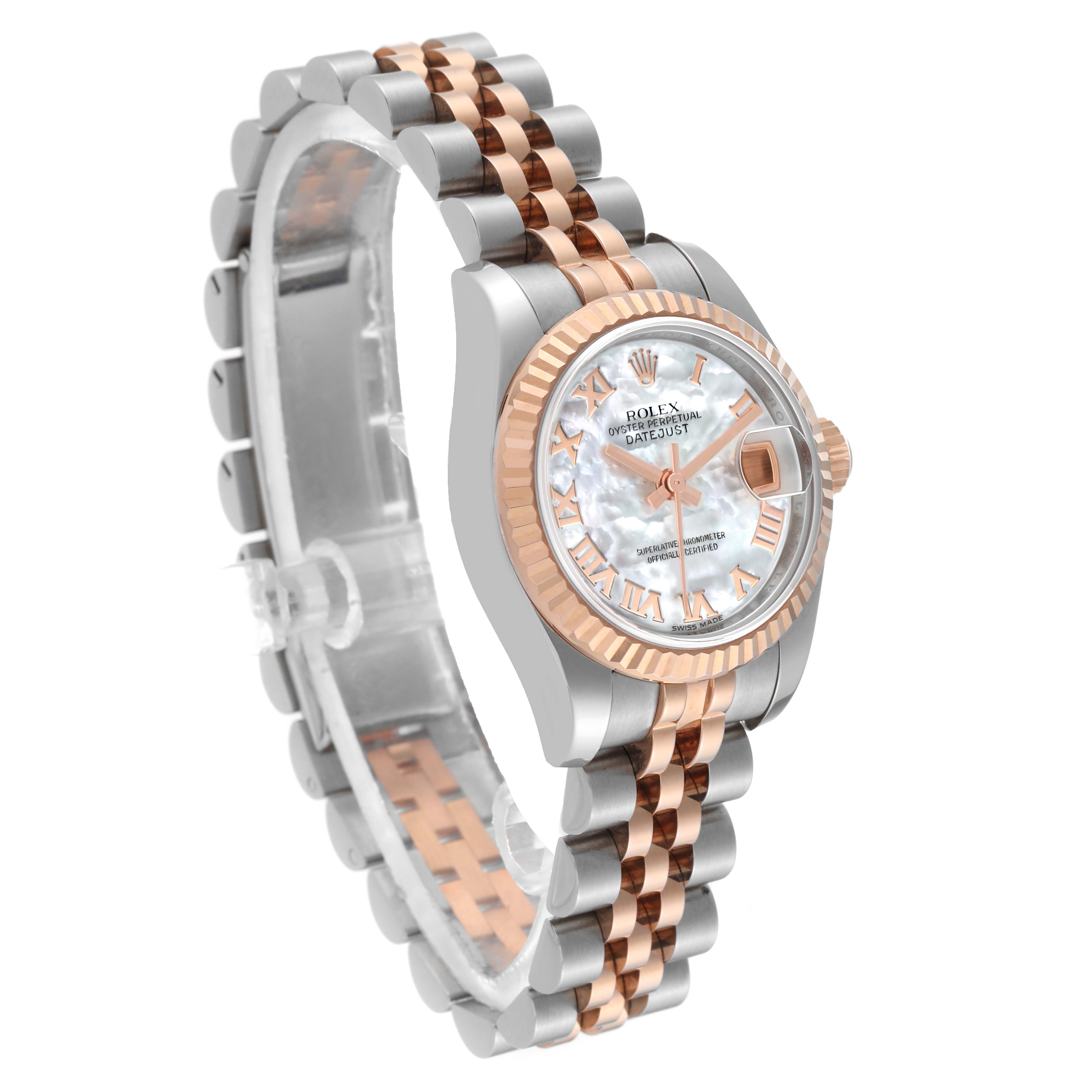 This Rolex Datejust 179171 Women's Steel and Gold (two tone) Mother of Pearl Dial 179171 Women's Steel and Gold (two tone) Mother of Pearl Dial watch is shown at a slight angle, displaying its face, bezel, and bracelet clearly.