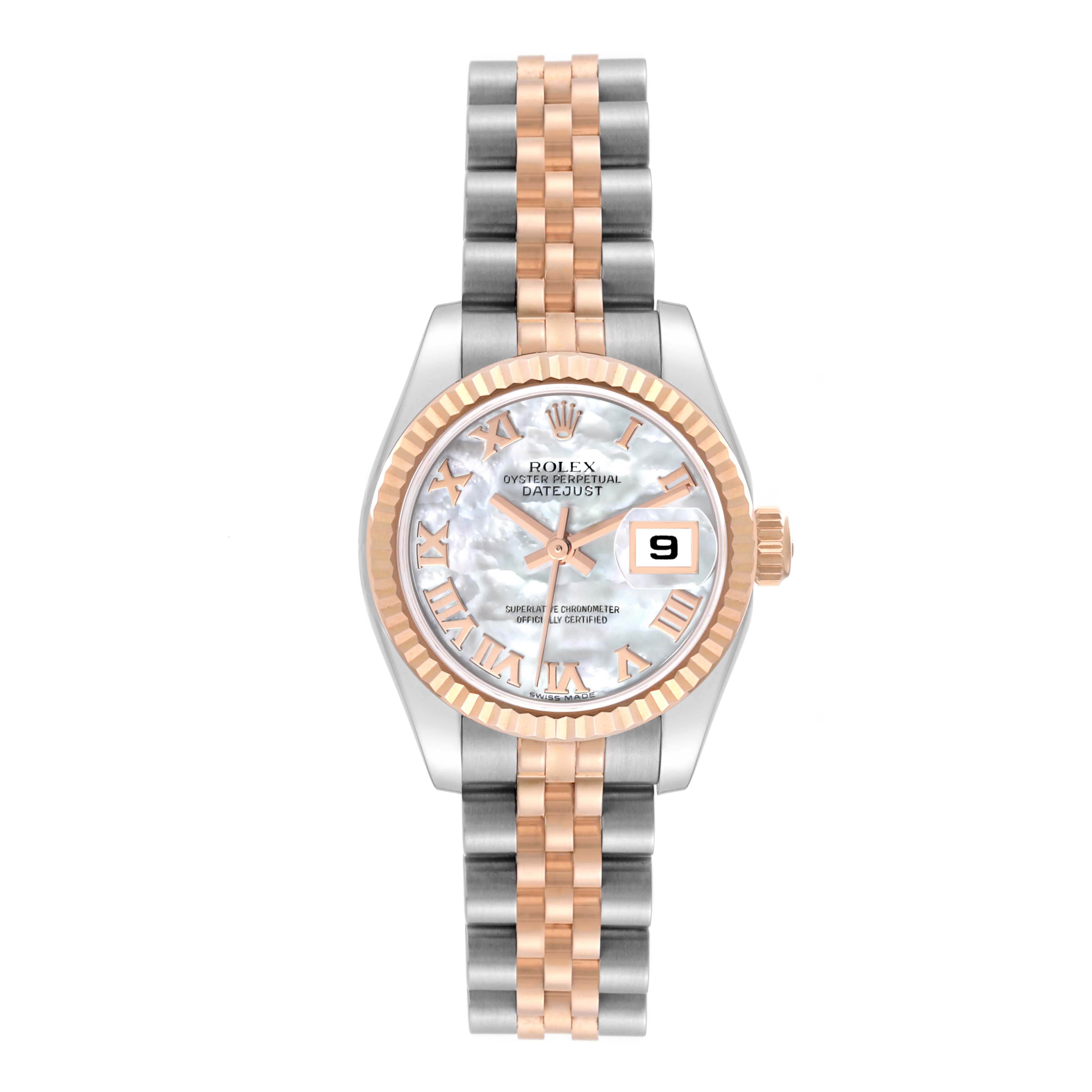 The Rolex Datejust 179171 Women's Steel and Gold (two tone) Mother of Pearl Dial 179171 Women's Steel and Gold (two tone) Mother of Pearl Dial watch is shown from the front, highlighting the dial, bezel, and two-tone bracelet.