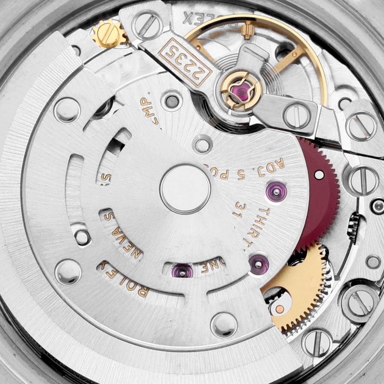 This image shows an internal view of the Rolex Datejust 179171 Women's Steel and Gold (two tone) Mother of Pearl Dial 179171 Women's Steel and Gold (two tone) Mother of Pearl Dial watch, highlighting the movement mechanism.