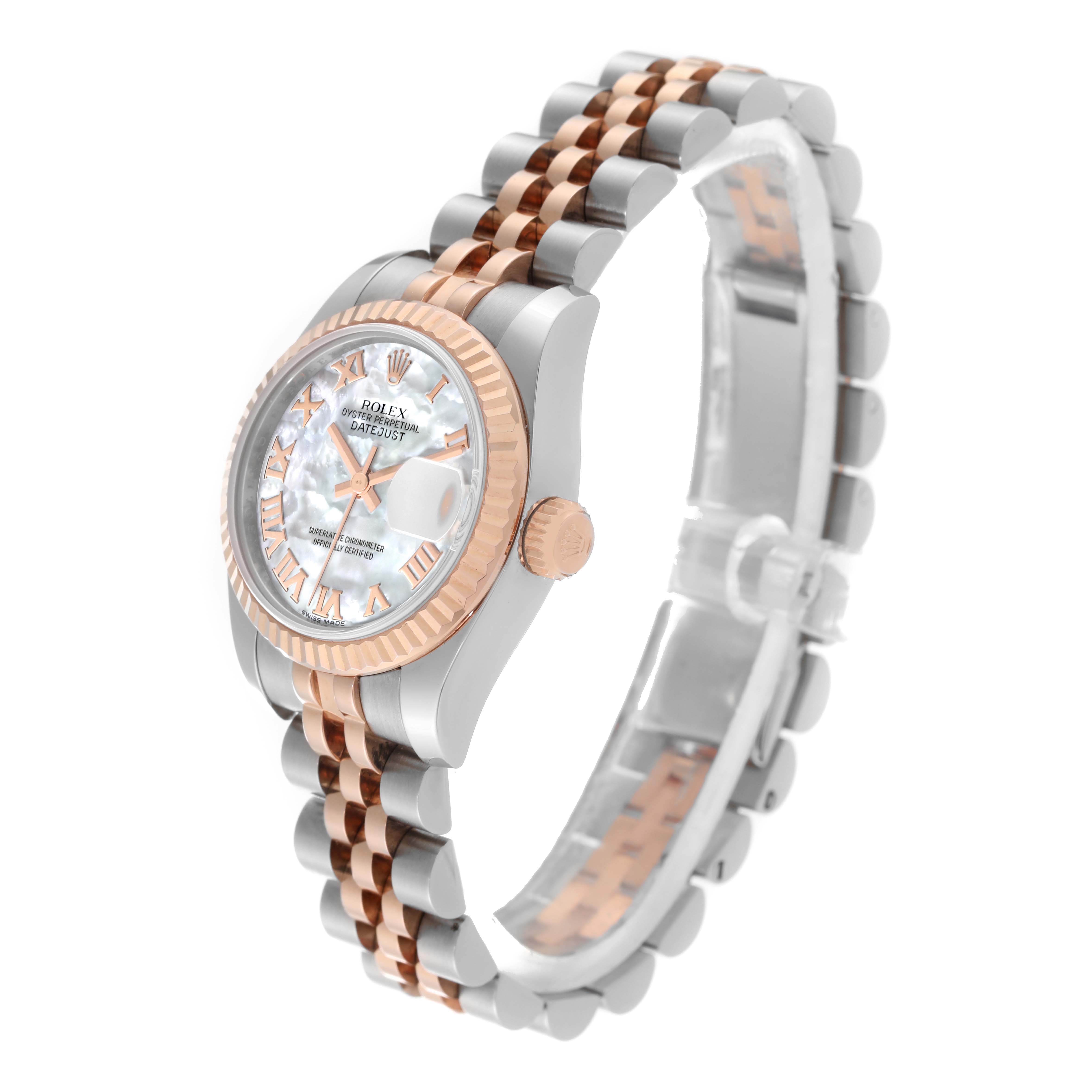 The Rolex Datejust 179171 Women's Steel and Gold (two tone) Mother of Pearl Dial 179171 Women's Steel and Gold (two tone) Mother of Pearl Dial watch is shown from a three-quarter angle, highlighting the face, bezel, crown, and two-tone bracelet.