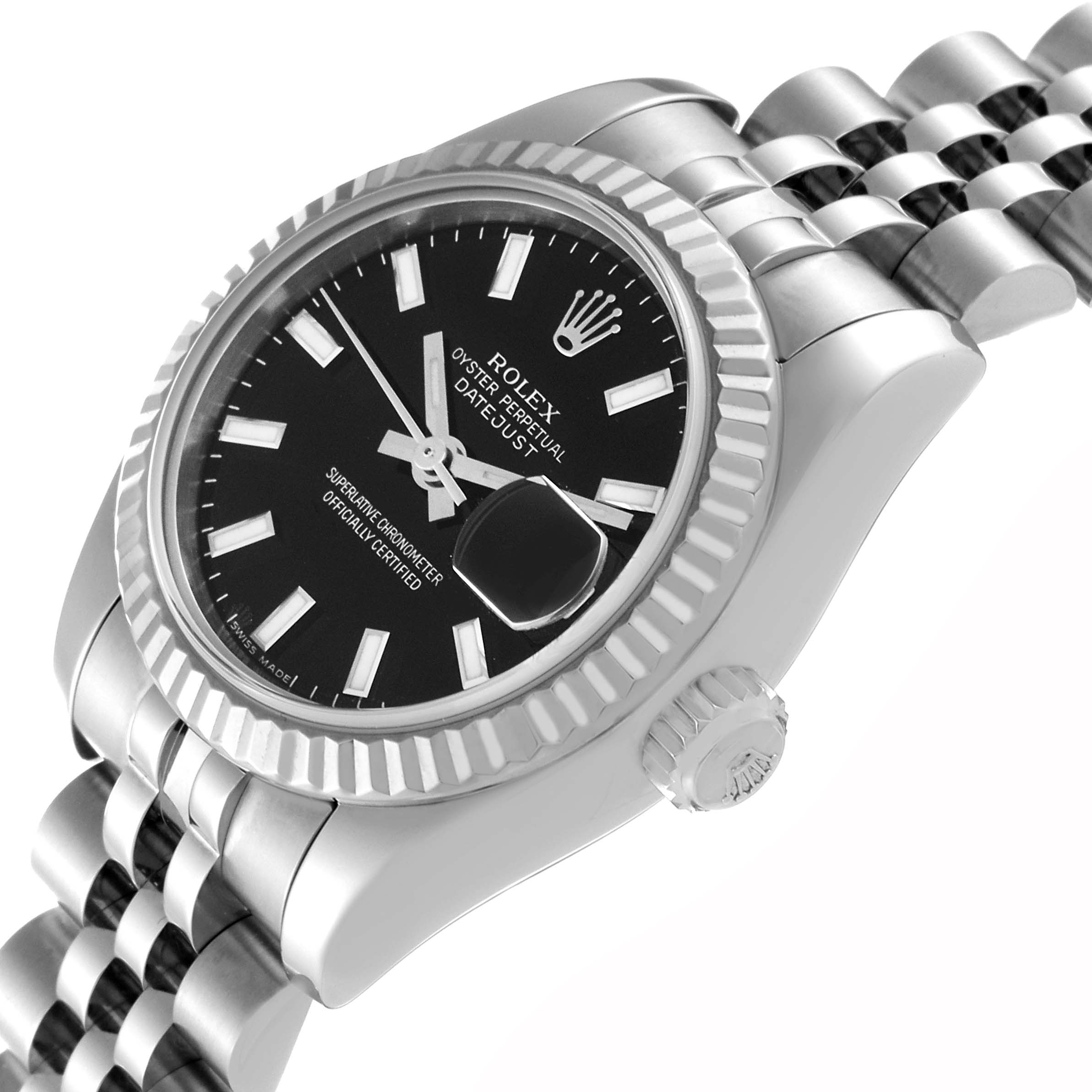 The image shows a Rolex Datejust 179174 Women's Stainless Steel Black Dial 179174 Women's Stainless Steel Black Dial watch at an angled view displaying the face, bezel, crown, and part of the bracelet.