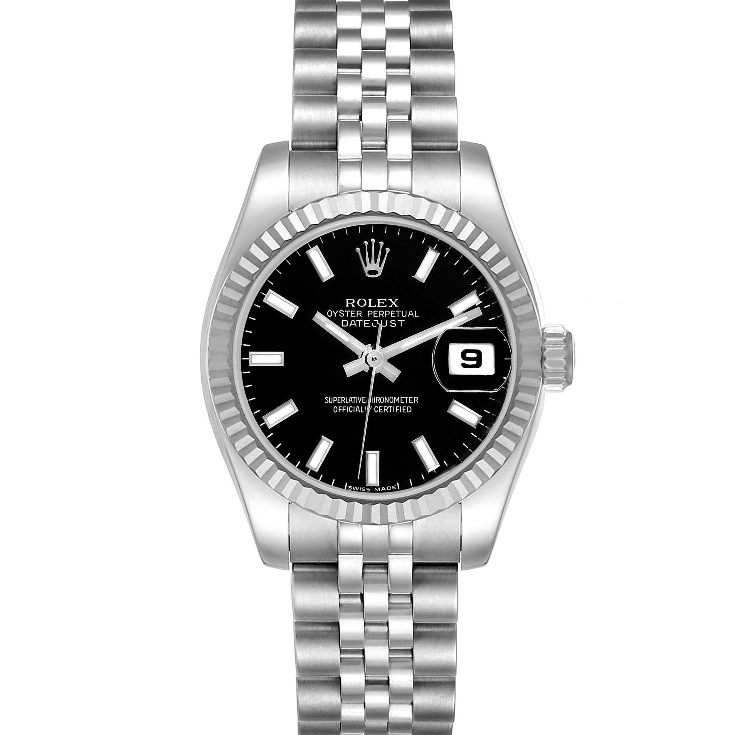 The Rolex Datejust 179174 Women's Stainless Steel Black Dial 179174 Women's Stainless Steel Black Dial is shown from a front angle featuring the black dial, fluted bezel, bracelet, and date window.