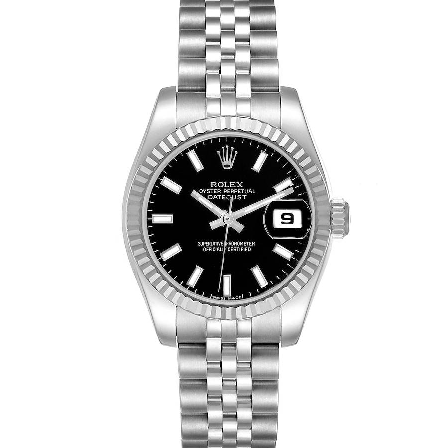 The Rolex Datejust is shown from a front angle featuring the black dial, fluted bezel, bracelet, and date window.