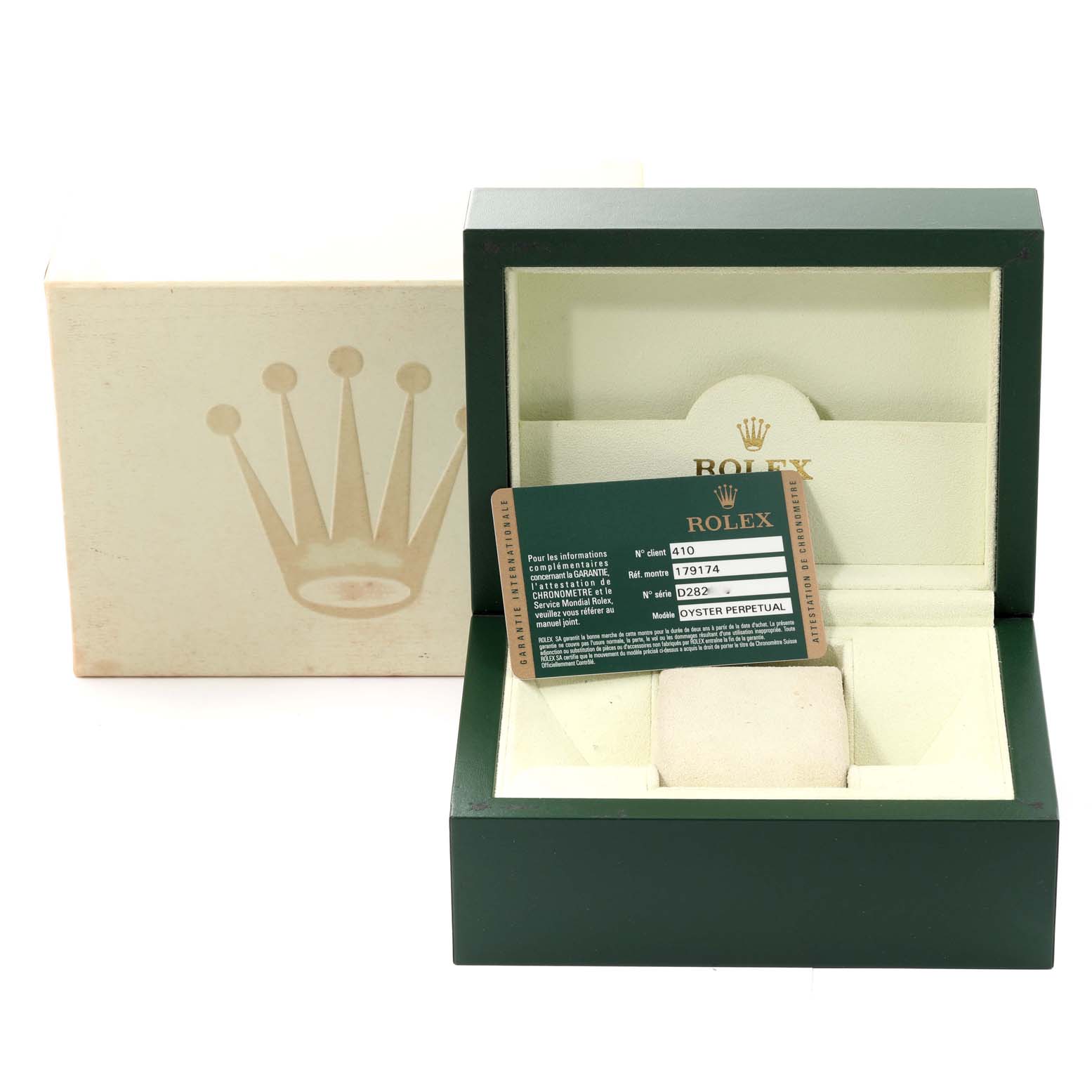 The image shows a Rolex Datejust 179174 Women's Stainless Steel Black Dial 179174 Women's Stainless Steel Black Dial model watch box and guarantee card at a front angle.