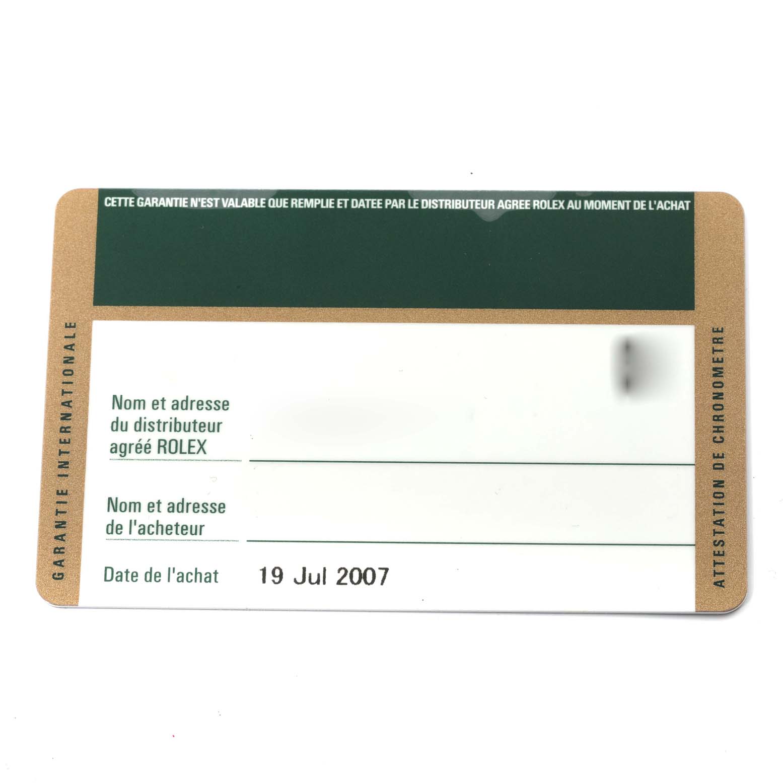 This image shows the warranty card for the Rolex Datejust 179174 Women's Stainless Steel Black Dial 179174 Women's Stainless Steel Black Dial model, displaying purchase date and dealer information fields.