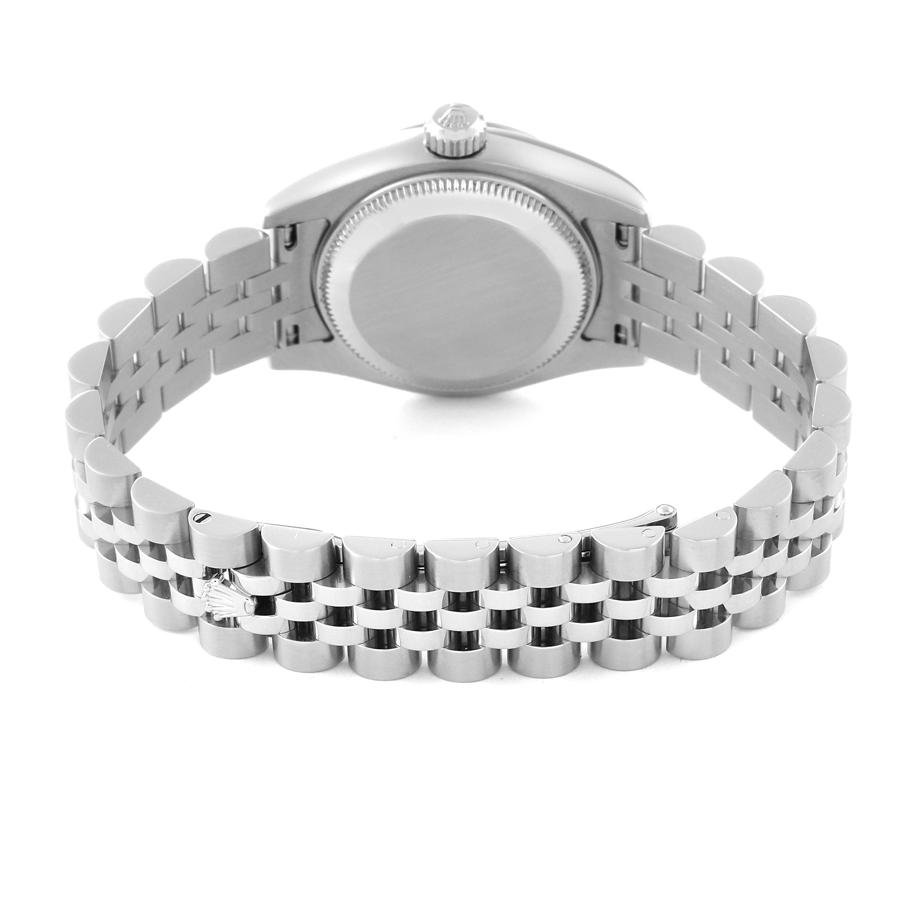 This image shows the back view of the Rolex Datejust 179174 Women's Stainless Steel Black Dial 179174 Women's Stainless Steel Black Dial watch, highlighting its case back and Jubilee bracelet.