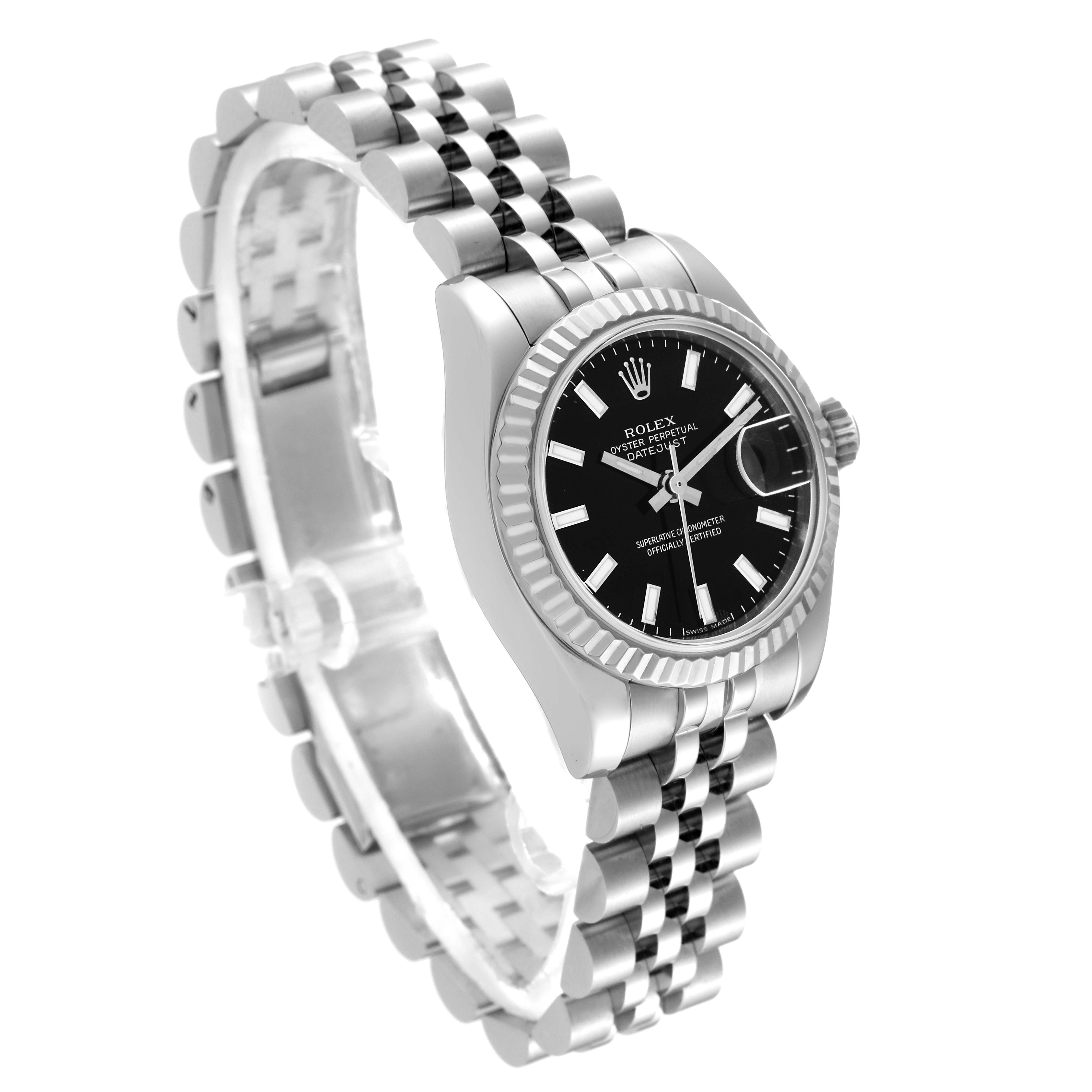 This image shows a Rolex Datejust 179174 Women's Stainless Steel Black Dial 179174 Women's Stainless Steel Black Dial watch at an angled view, highlighting its face, fluted bezel, and Jubilee bracelet.