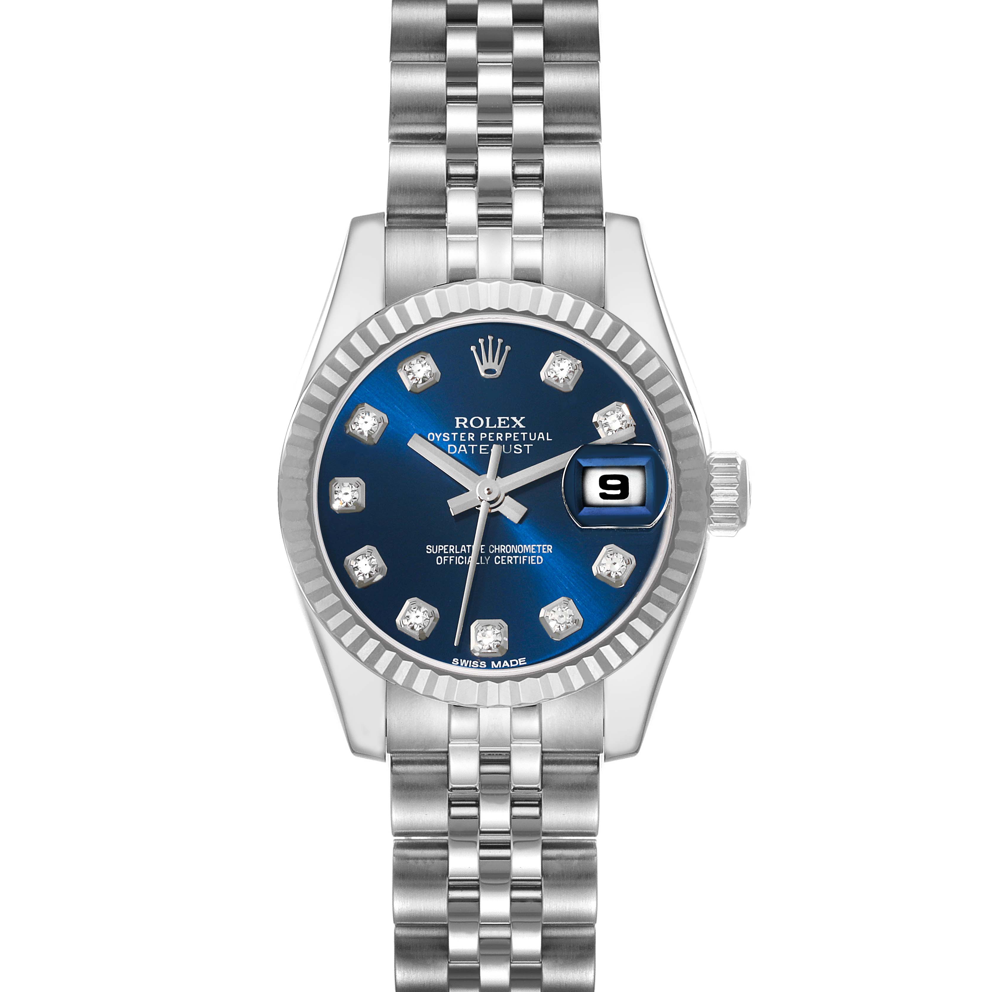 This image shows a Rolex Datejust 179174 Women's Stainless Steel Blue Dial 179174 Women's Stainless Steel Blue Dial watch from a top-down angle, highlighting its face, bracelet, and crown.