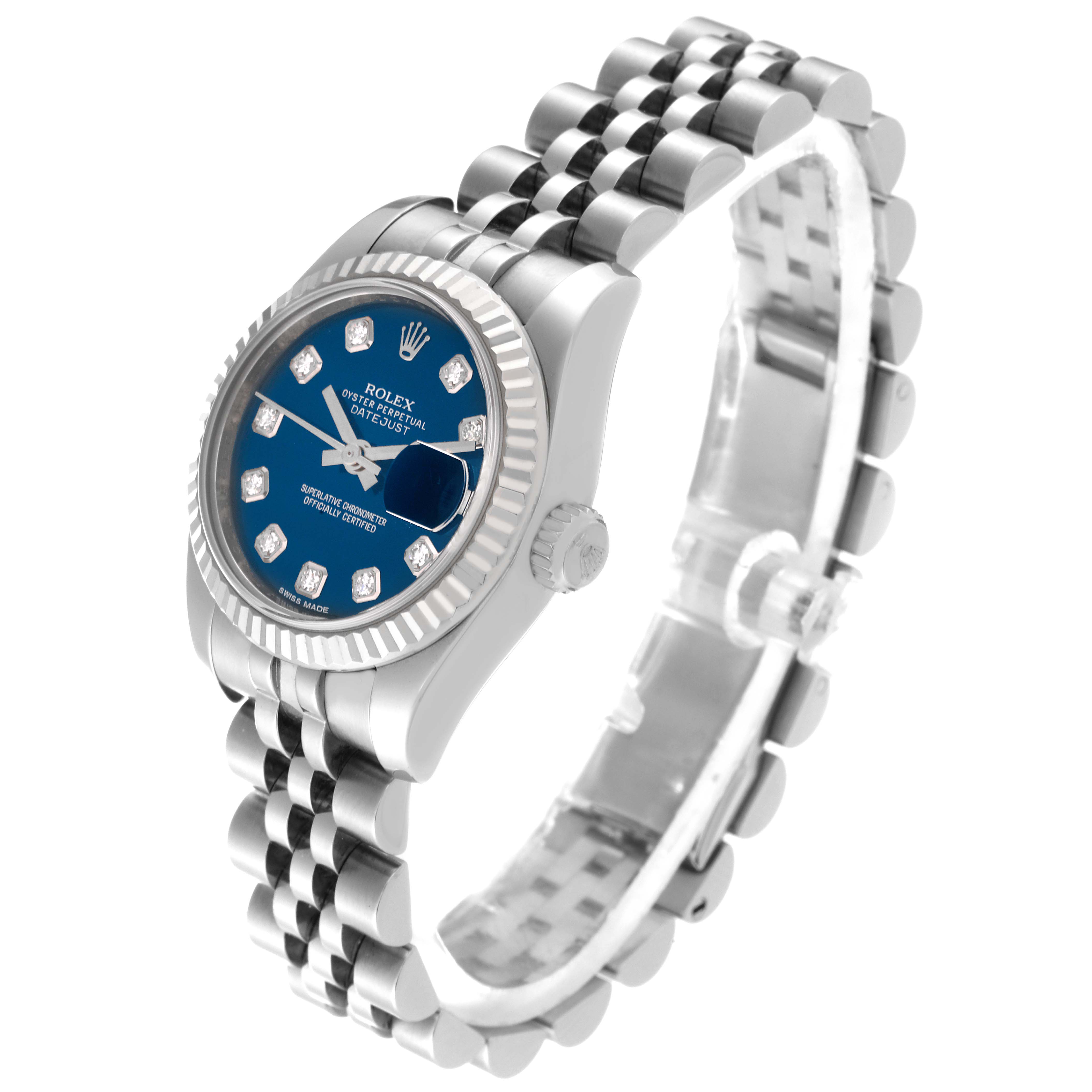The image shows a Rolex Datejust 179174 Women's Stainless Steel Blue Dial 179174 Women's Stainless Steel Blue Dial watch at a three-quarter angle, highlighting its blue dial, diamond markers, and Jubilee bracelet.