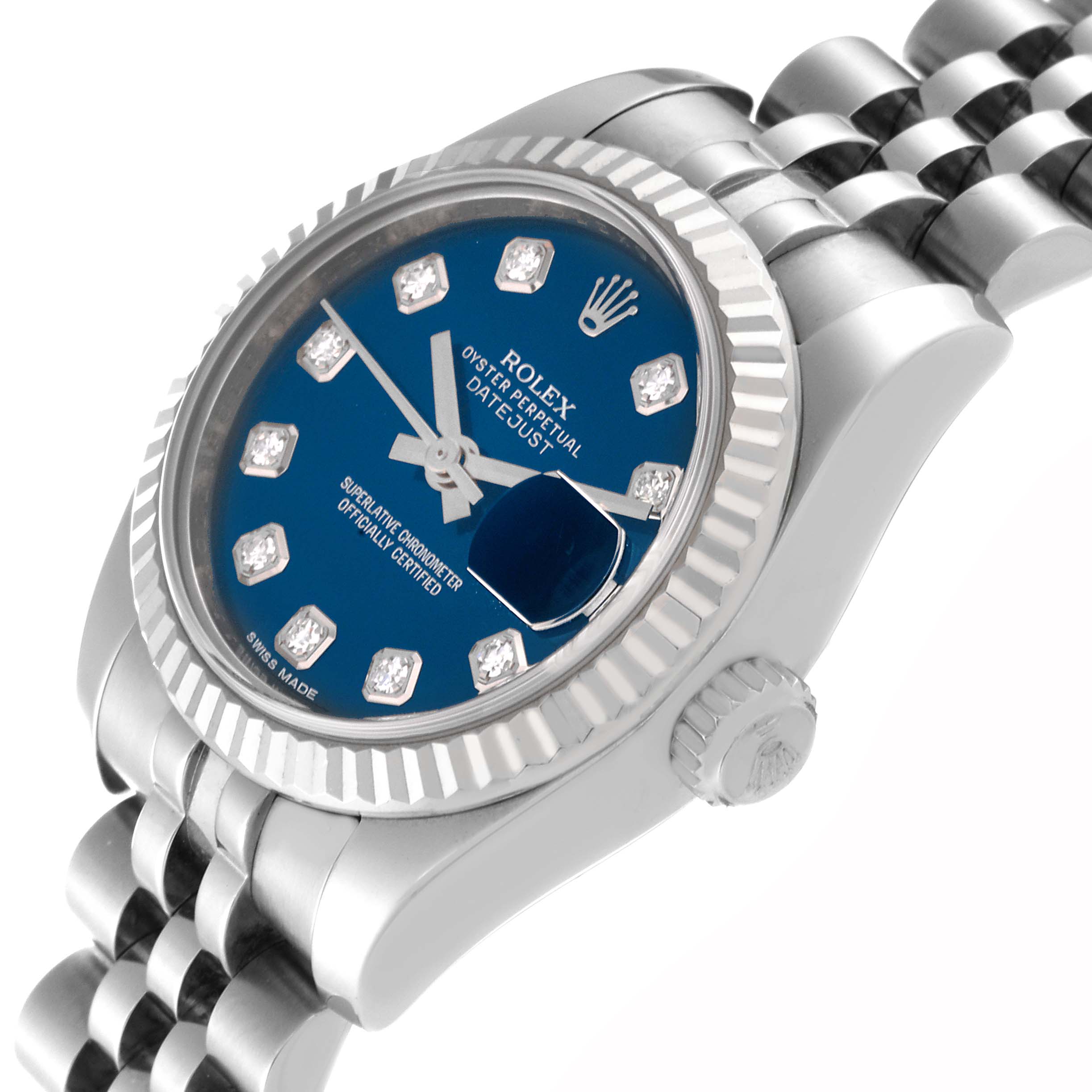 This image shows a Rolex Datejust 179174 Women's Stainless Steel Blue Dial 179174 Women's Stainless Steel Blue Dial's dial, bezel, and crown at a slight angle.