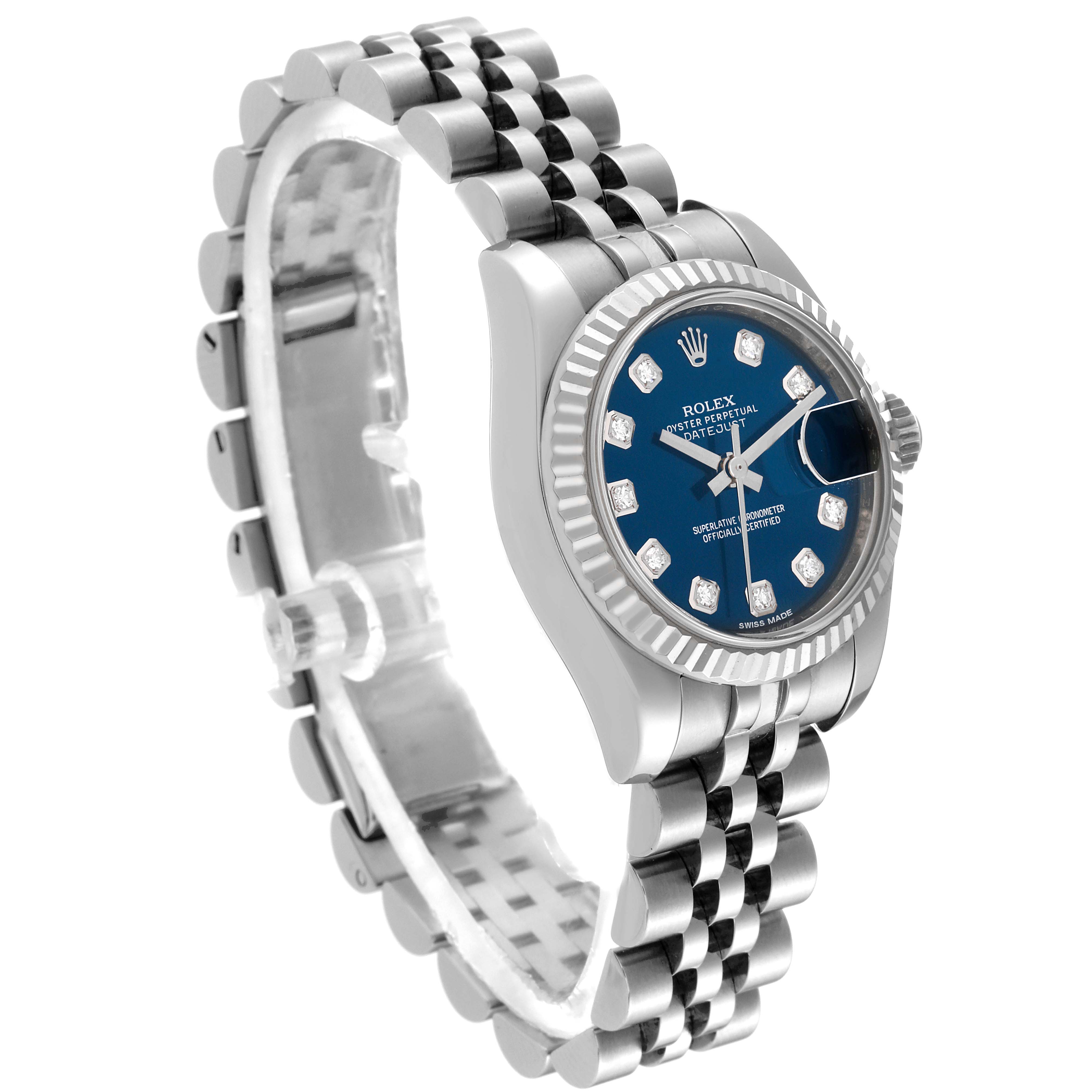 This image shows a Rolex Datejust 179174 Women's Stainless Steel Blue Dial 179174 Women's Stainless Steel Blue Dial watch at a three-quarter angle highlighting its dial, bezel, and bracelet.