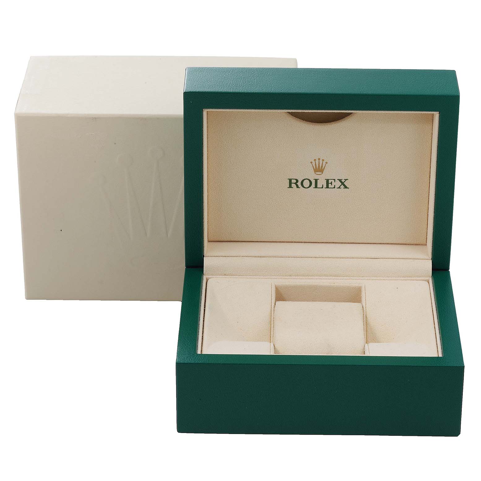 The image shows an open Rolex Datejust 116234 Men
s Stainless Steel Black Dial 116234 Men
s Stainless Steel Black Dial watch box with a green exterior and light beige interior.