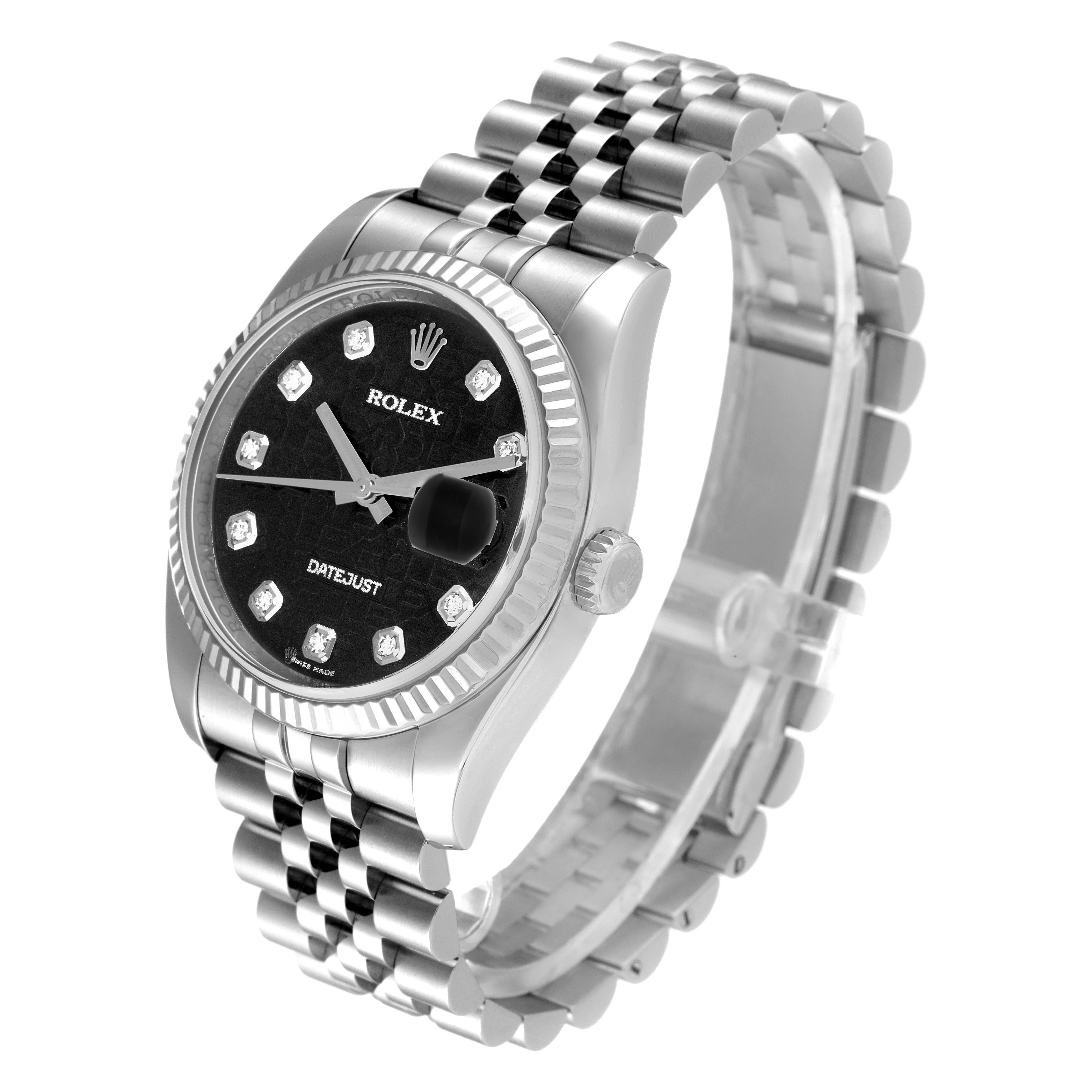 This image shows a Rolex Datejust 116234 Men
s Stainless Steel Black Dial 116234 Men
s Stainless Steel Black Dial watch from an angled side view, highlighting its dial, bezel, crown, and bracelet.