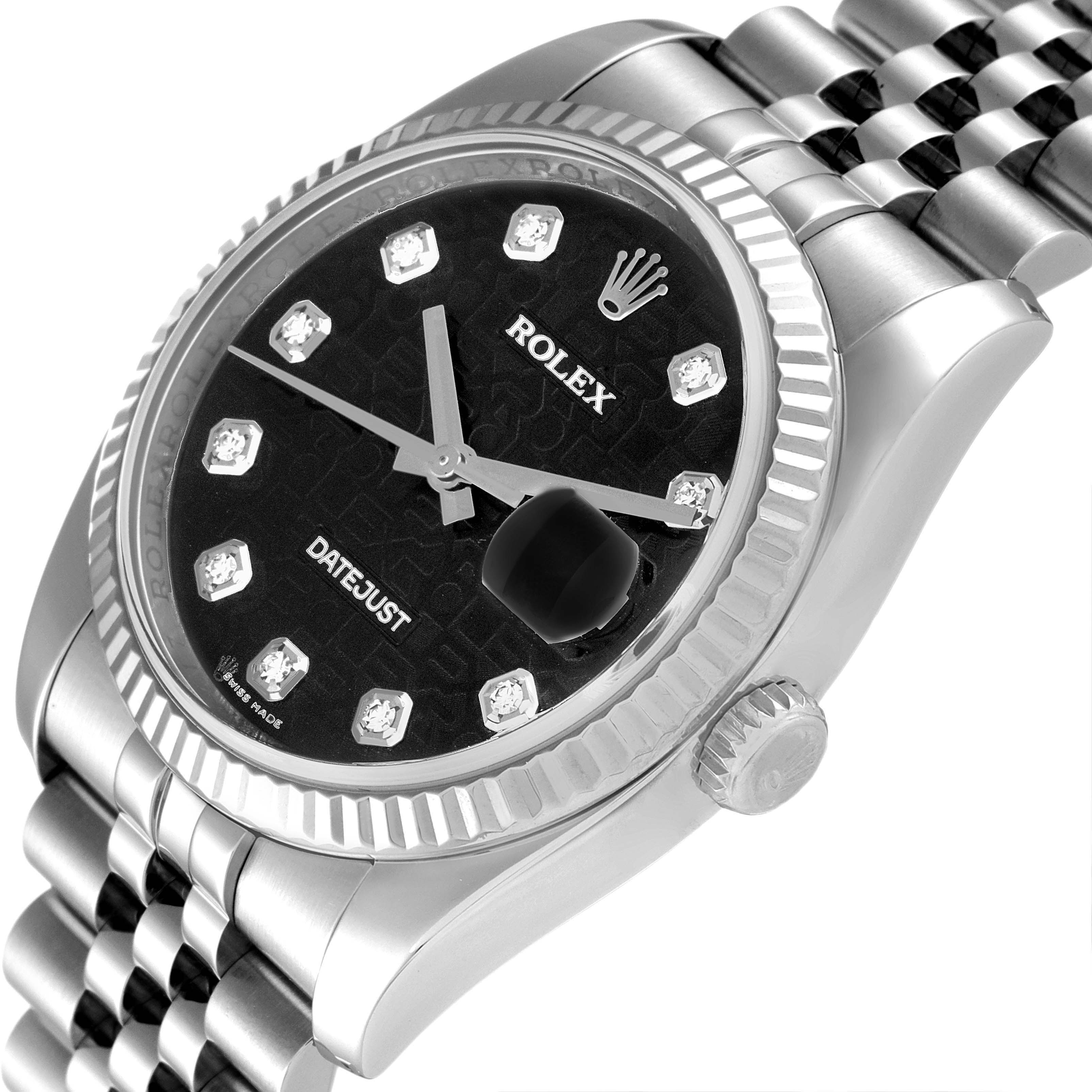 This image shows a close-up angle of the Rolex Datejust 116234 Men
s Stainless Steel Black Dial 116234 Men
s Stainless Steel Black Dial watch, highlighting the face, dial, bezel, and part of the bracelet.