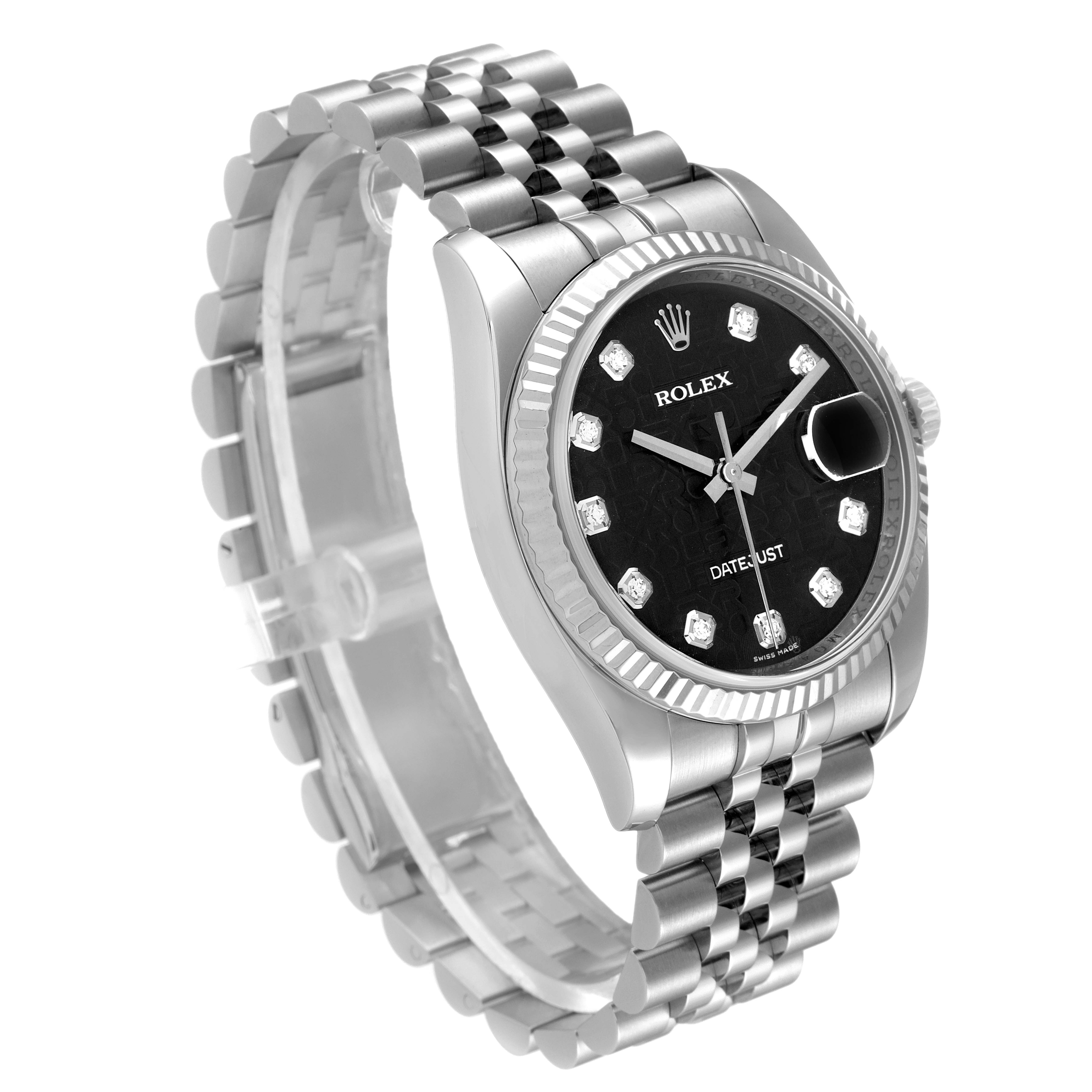 The Rolex Datejust 116234 Men
s Stainless Steel Black Dial 116234 Men
s Stainless Steel Black Dial watch is shown at a three-quarter angle, displaying the dial, bezel, and bracelet.