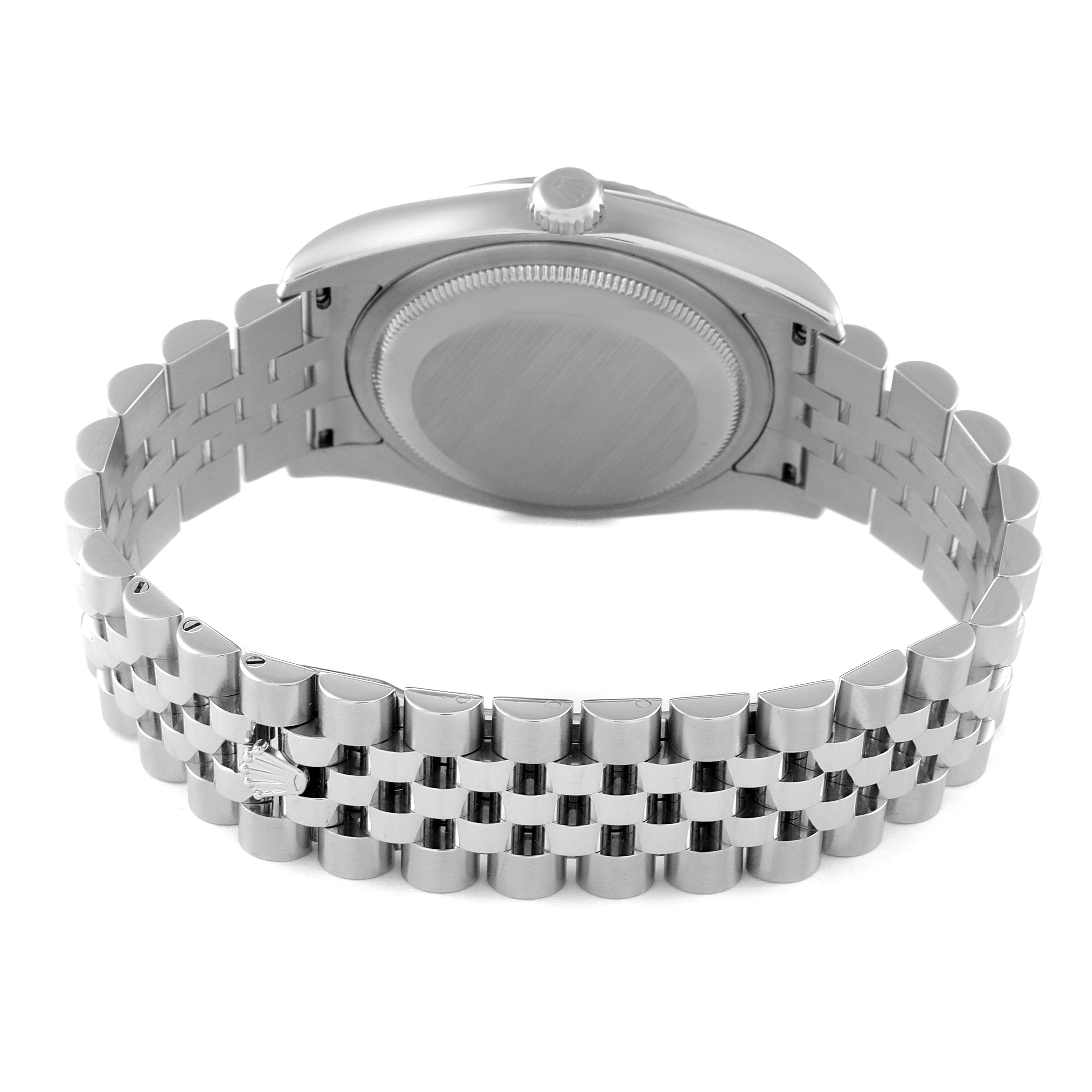 This image shows the back view of a Rolex Datejust 116234 Men
s Stainless Steel Black Dial 116234 Men
s Stainless Steel Black Dial watch, highlighting its case back and metal bracelet.