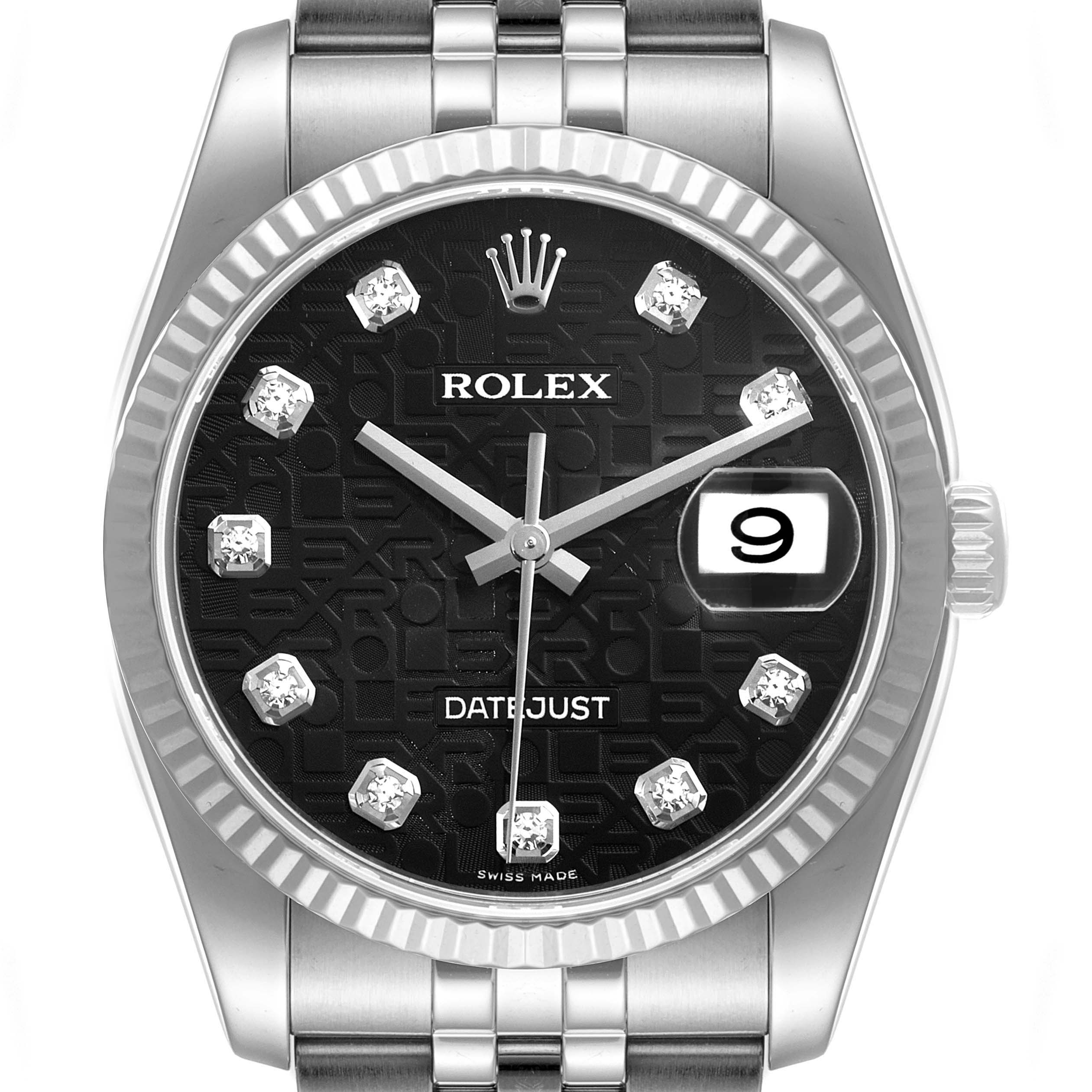 This image shows a frontal view of a Rolex Datejust 116234 Men
s Stainless Steel Black Dial 116234 Men
s Stainless Steel Black Dial watch highlighting the dial, bezel, crown, and bracelet.