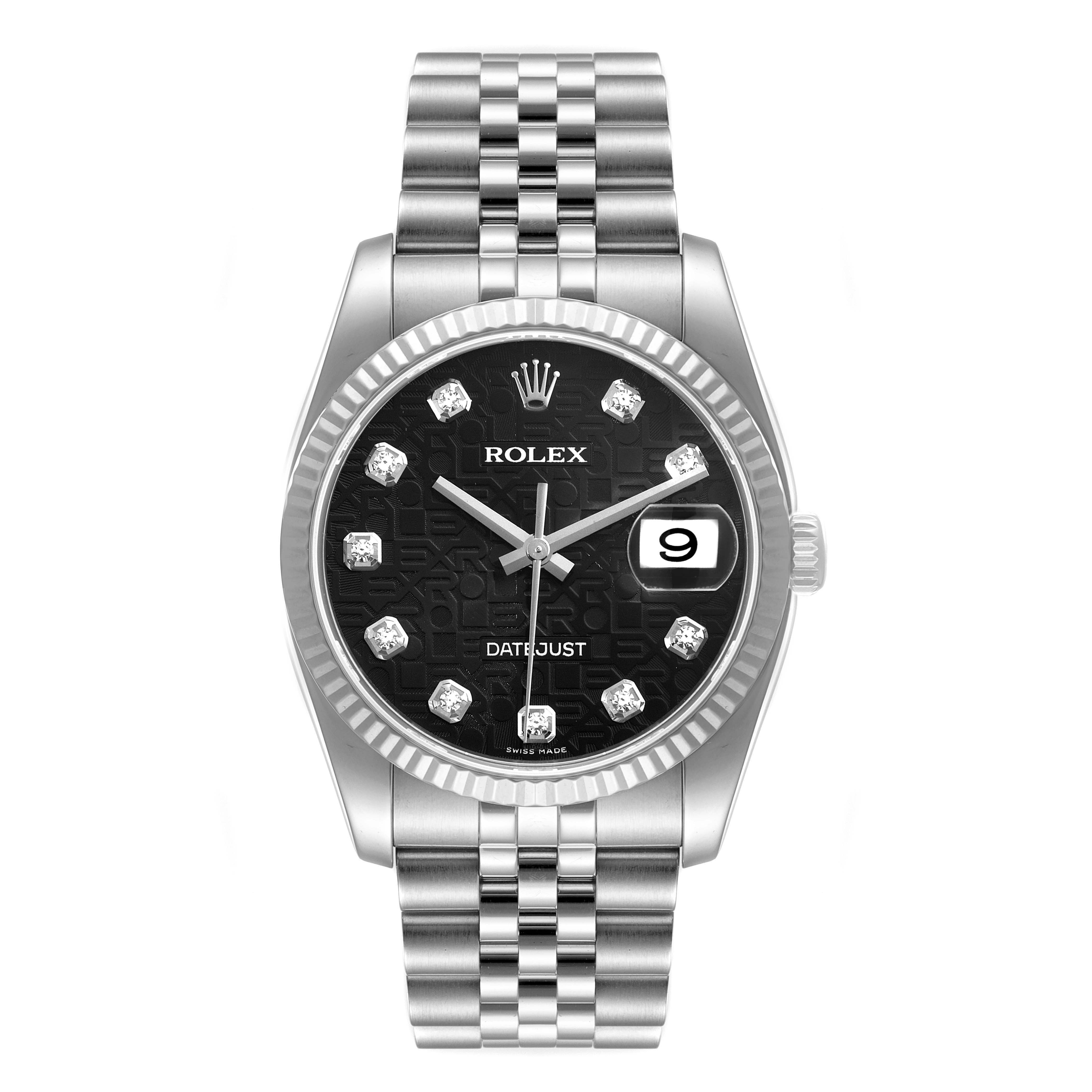 This image shows a frontal view of a Rolex Datejust 116234 Men
s Stainless Steel Black Dial 116234 Men
s Stainless Steel Black Dial watch, highlighting its face, bezel, and bracelet.