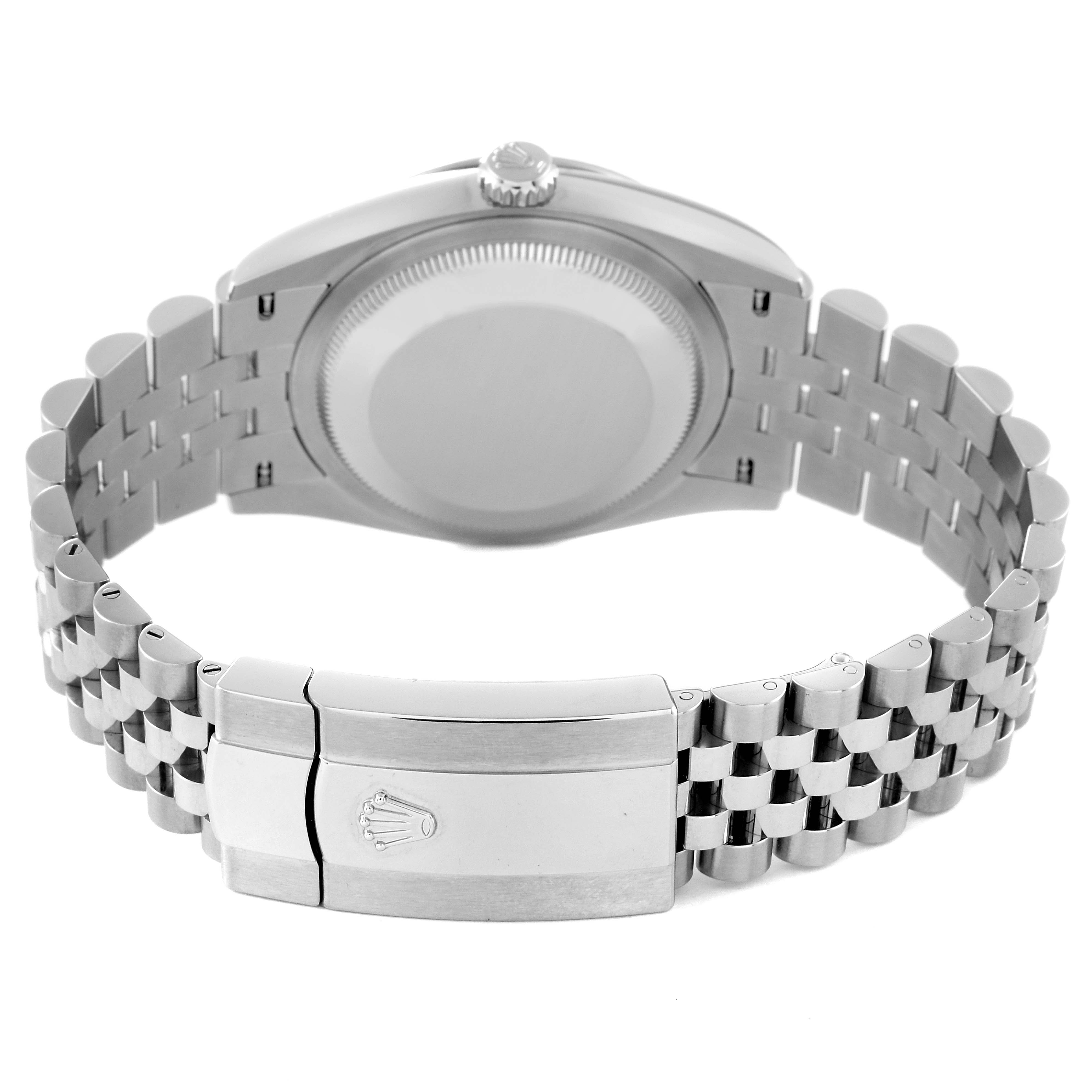 The image shows the back of the Rolex Datejust 126234 Men's Stainless Steel Green Dial 126234 Men's Stainless Steel Green Dial watch, highlighting the clasp and Jubilee bracelet.