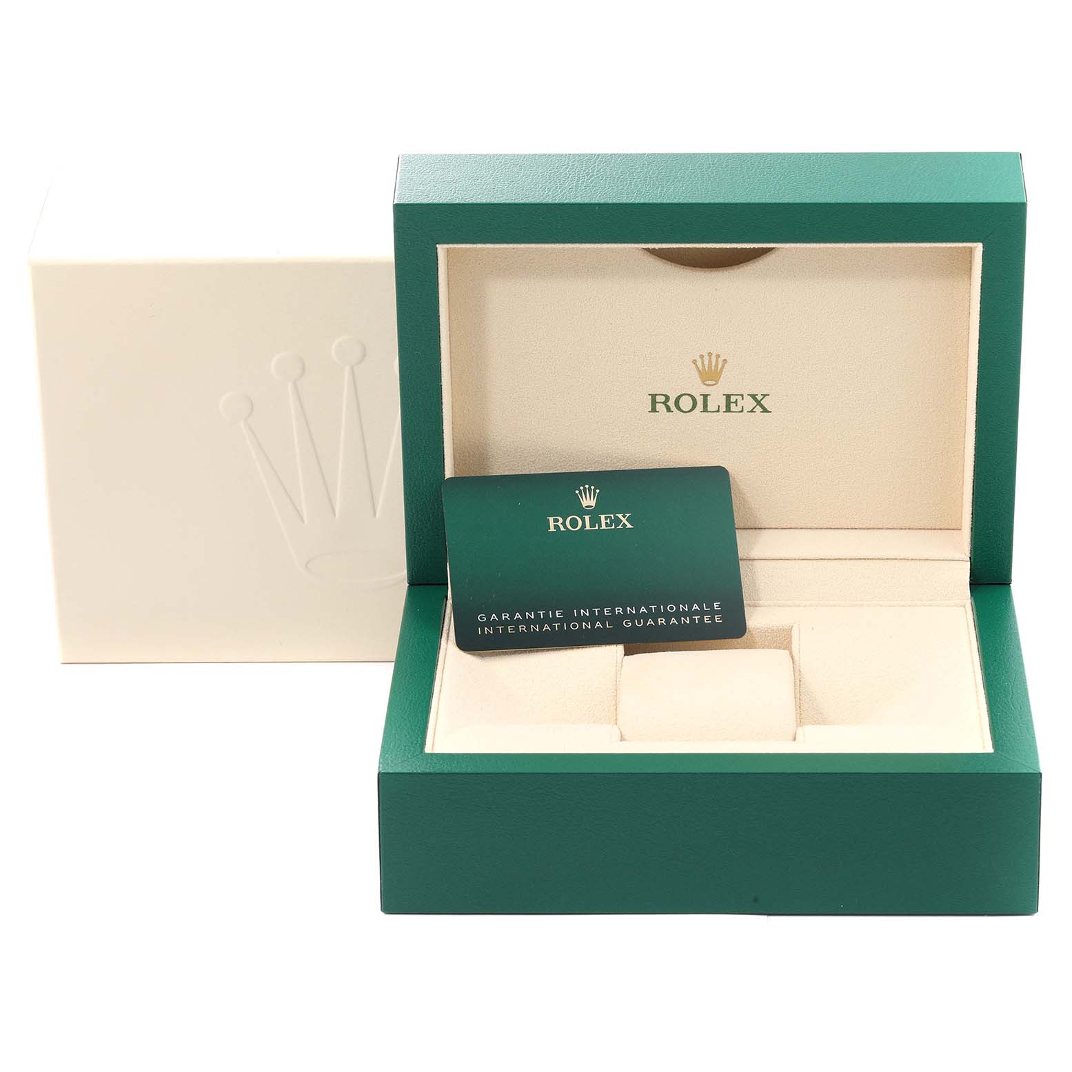 A Rolex Datejust 126234 Men's Stainless Steel Green Dial 126234 Men's Stainless Steel Green Dial watch box with international guarantee card is shown from a front angle.