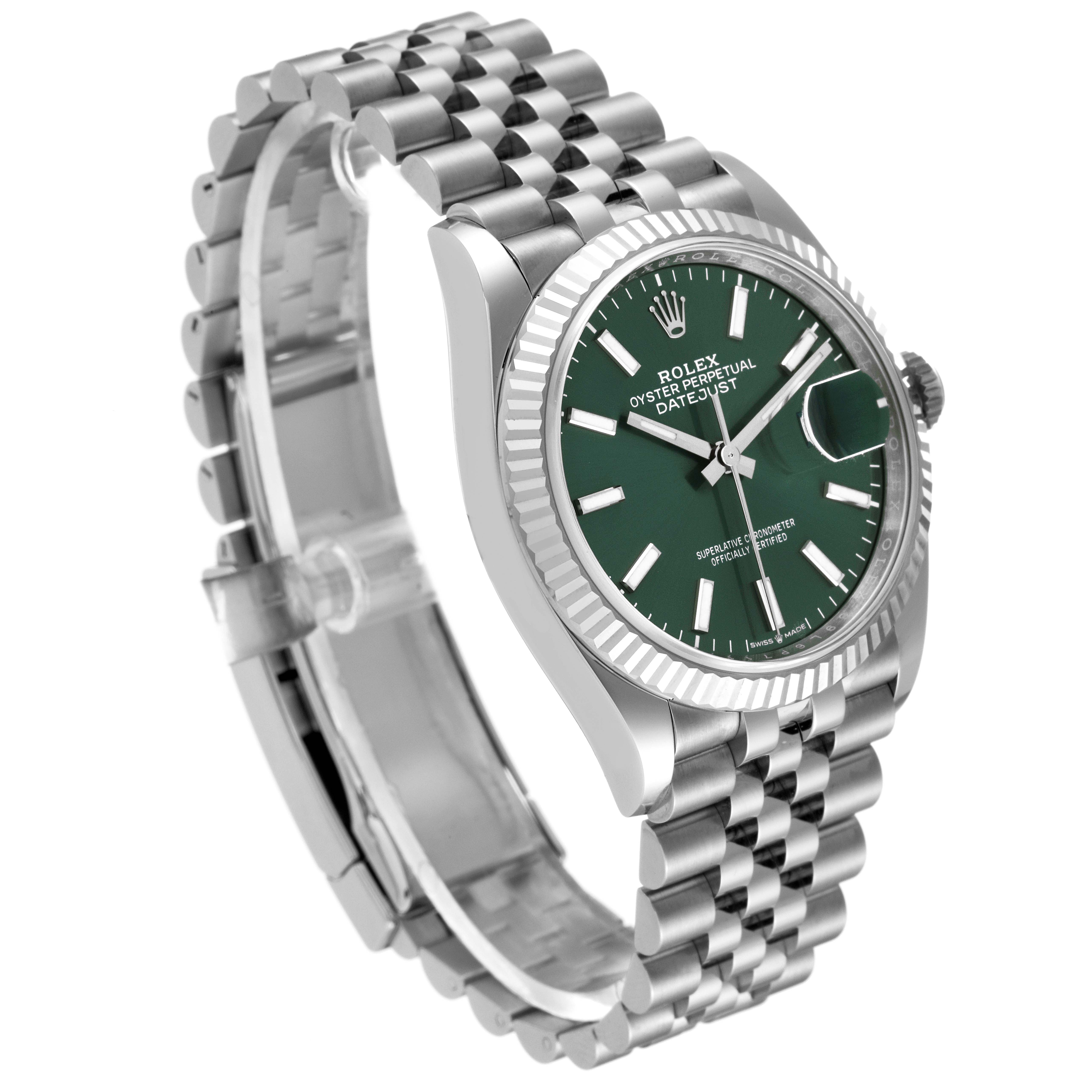 This Rolex Datejust 126234 Men's Stainless Steel Green Dial 126234 Men's Stainless Steel Green Dial watch is shown at a side angle, highlighting the green dial, fluted bezel, and Jubilee bracelet.