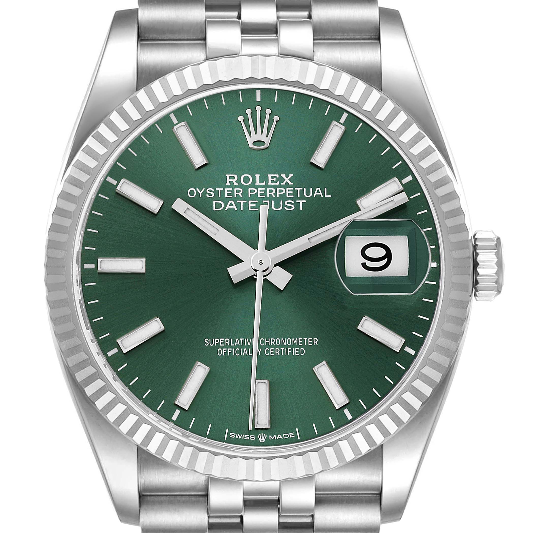 The image shows a frontal view of the Rolex Datejust 126234 Men's Stainless Steel Green Dial 126234 Men's Stainless Steel Green Dial watch, highlighting its green dial, fluted bezel, and date window.