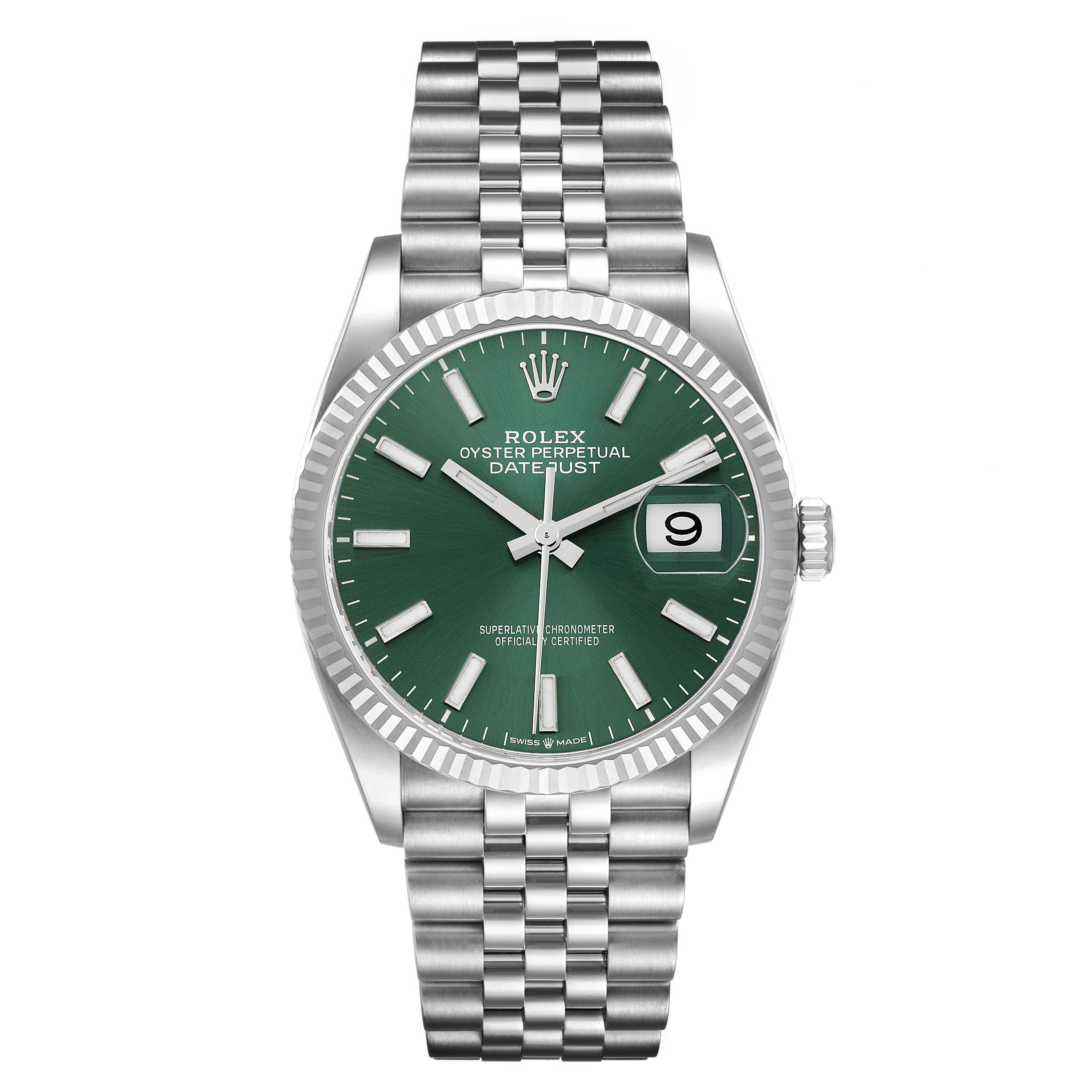 The Rolex Datejust 126234 Men's Stainless Steel Green Dial 126234 Men's Stainless Steel Green Dial watch is shown from the front, displaying its green dial, date window, and stainless steel bracelet.