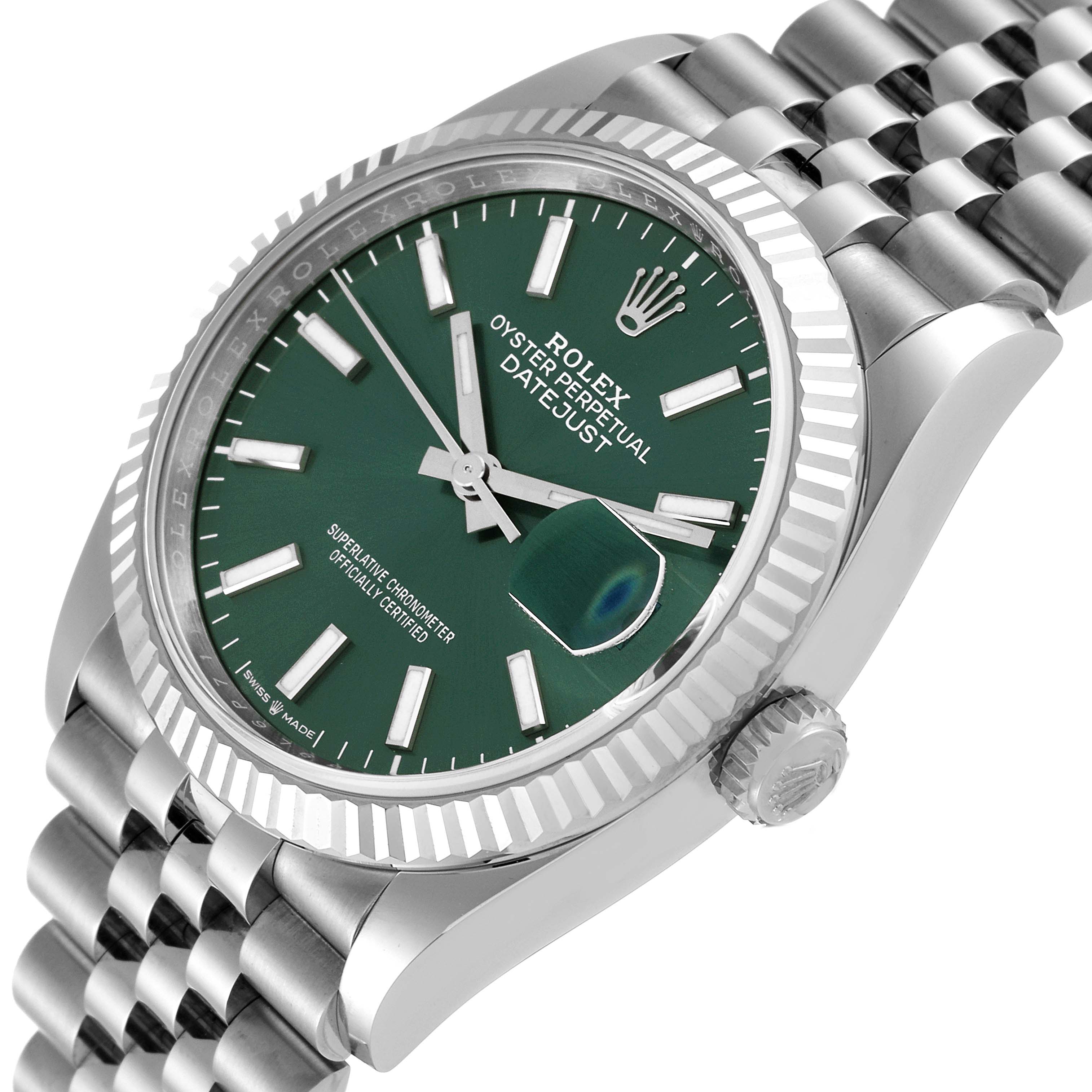 The image shows a Rolex Datejust 126234 Men's Stainless Steel Green Dial 126234 Men's Stainless Steel Green Dial watch from an angled close-up view, highlighting the dial, fluted bezel, crown, and bracelet.
