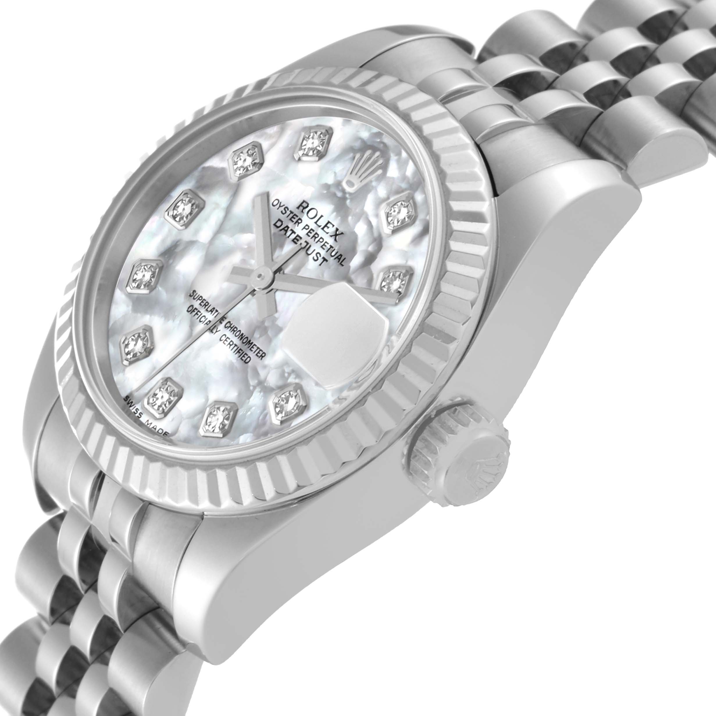 This image shows a close-up side and partial top view of a Rolex Datejust 179174 Women's Stainless Steel Mother of Pearl Dial 179174 Women's Stainless Steel Mother of Pearl Dial watch, focusing on the dial, bezel, crown, and bracelet.
