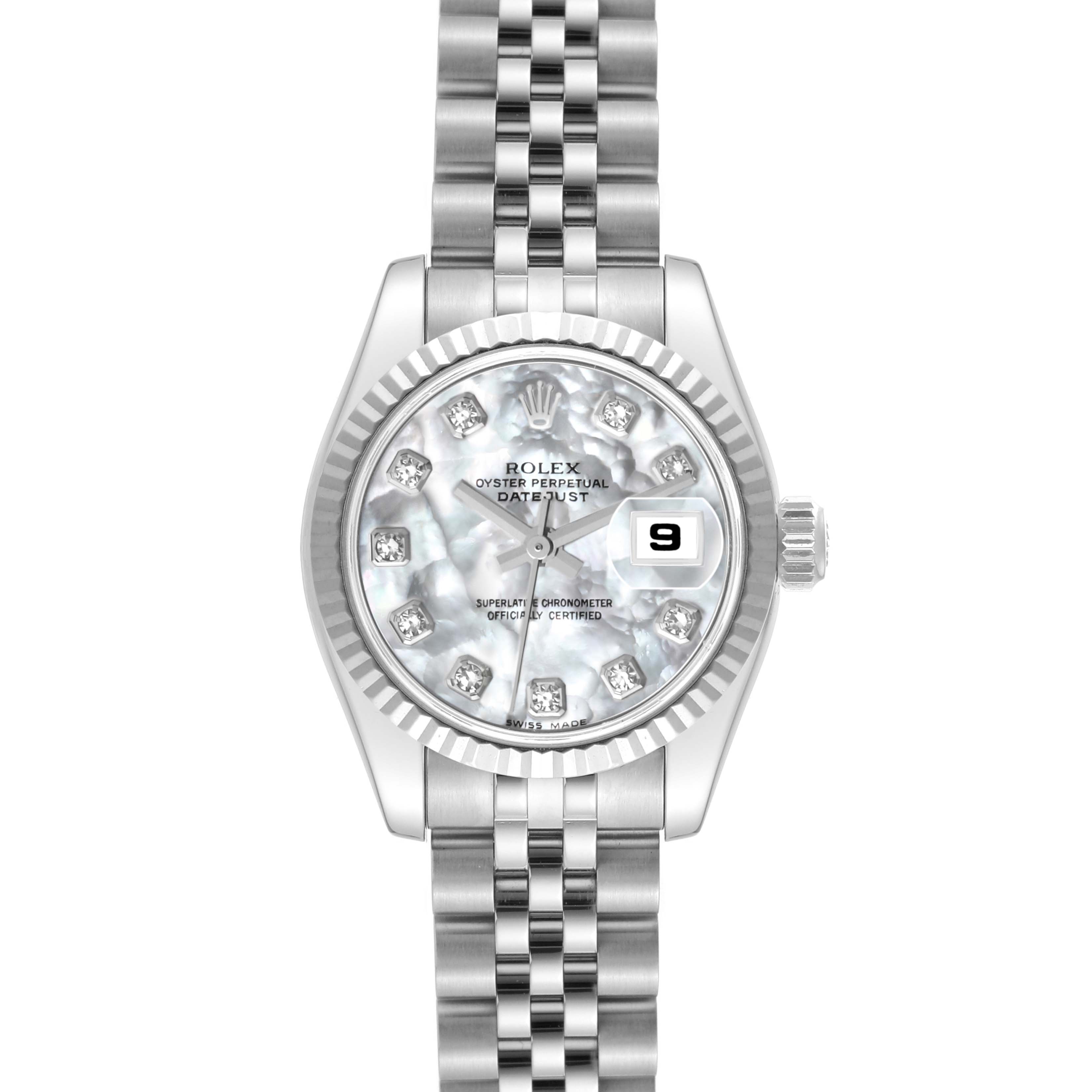 The Rolex Datejust 179174 Women's Stainless Steel Mother of Pearl Dial 179174 Women's Stainless Steel Mother of Pearl Dial watch is shown from a top-down angle, displaying its face, bracelet, and date window.