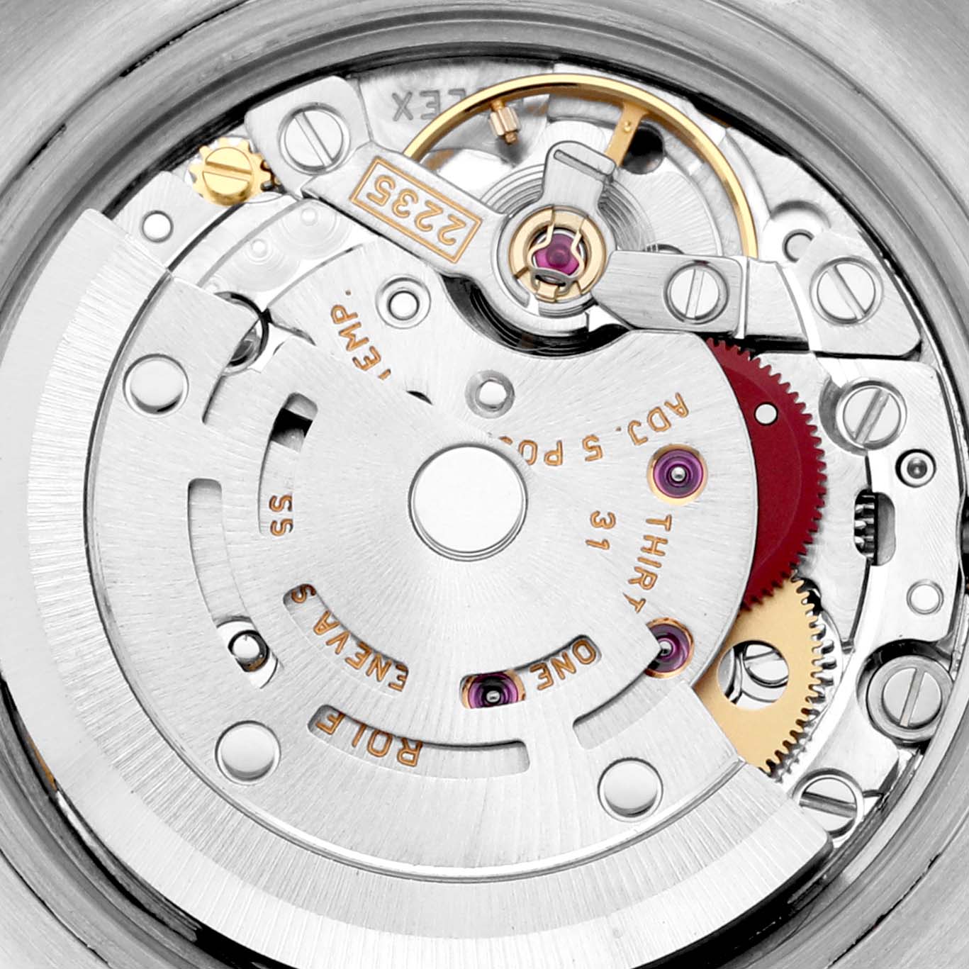 This image shows the movement and internal mechanics of the Rolex Datejust 179174 Women's Stainless Steel Mother of Pearl Dial 179174 Women's Stainless Steel Mother of Pearl Dial model watch from a close-up angle.