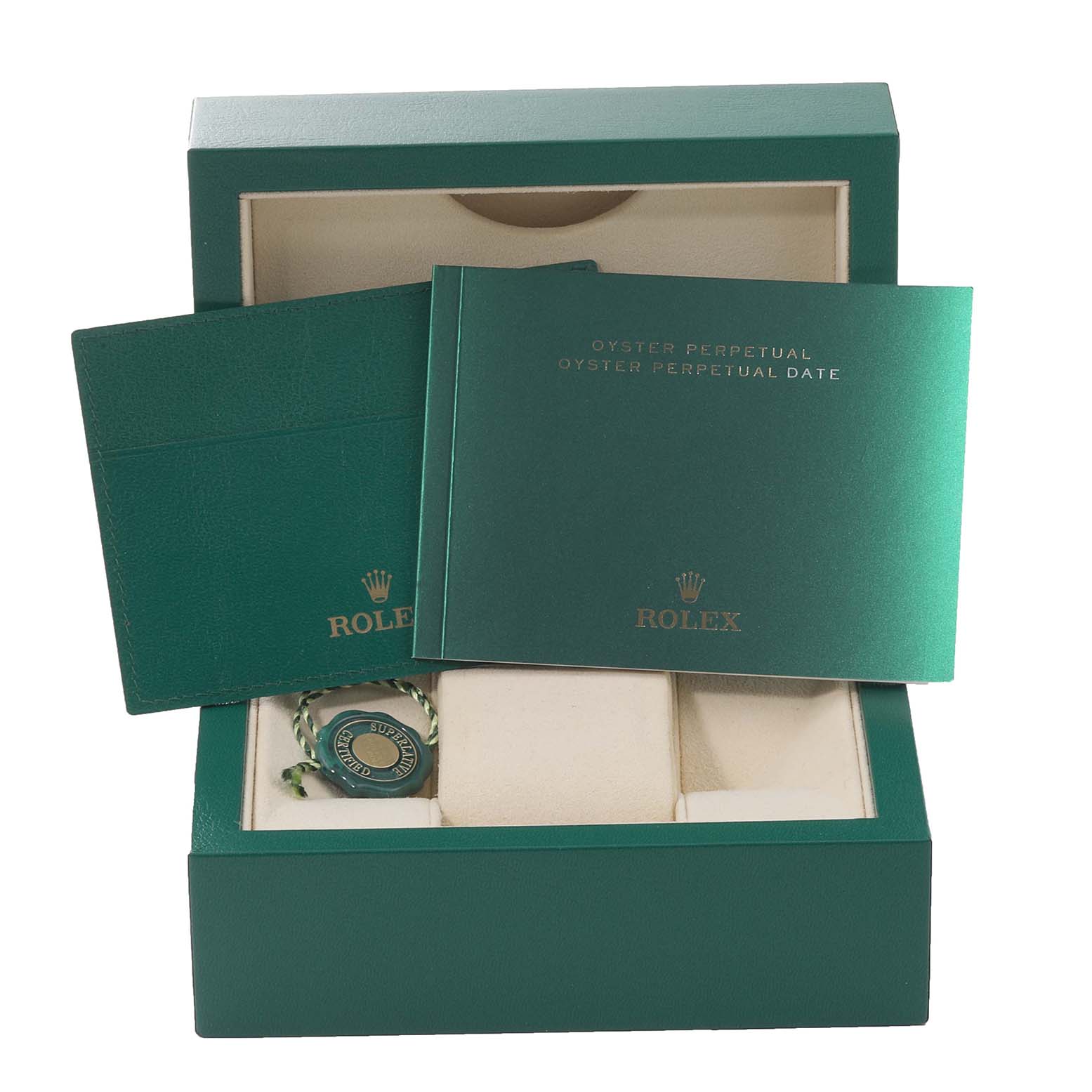 The image shows the packaging and accessories for a Rolex Datejust 179174 Women's Stainless Steel Mother of Pearl Dial 179174 Women's Stainless Steel Mother of Pearl Dial, including booklets and tags, from a front angle.