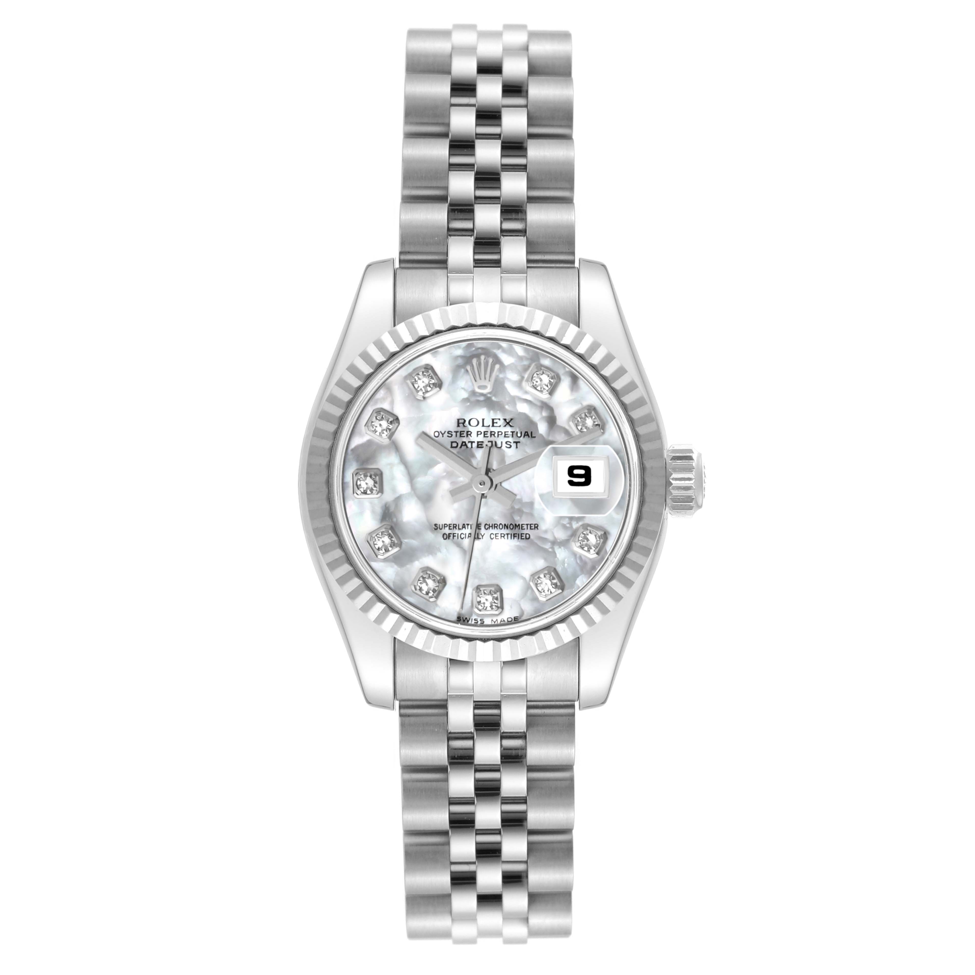 This image shows a front view of the Rolex Datejust 179174 Women's Stainless Steel Mother of Pearl Dial 179174 Women's Stainless Steel Mother of Pearl Dial watch, highlighting its dial, bezel, crown, and bracelet.