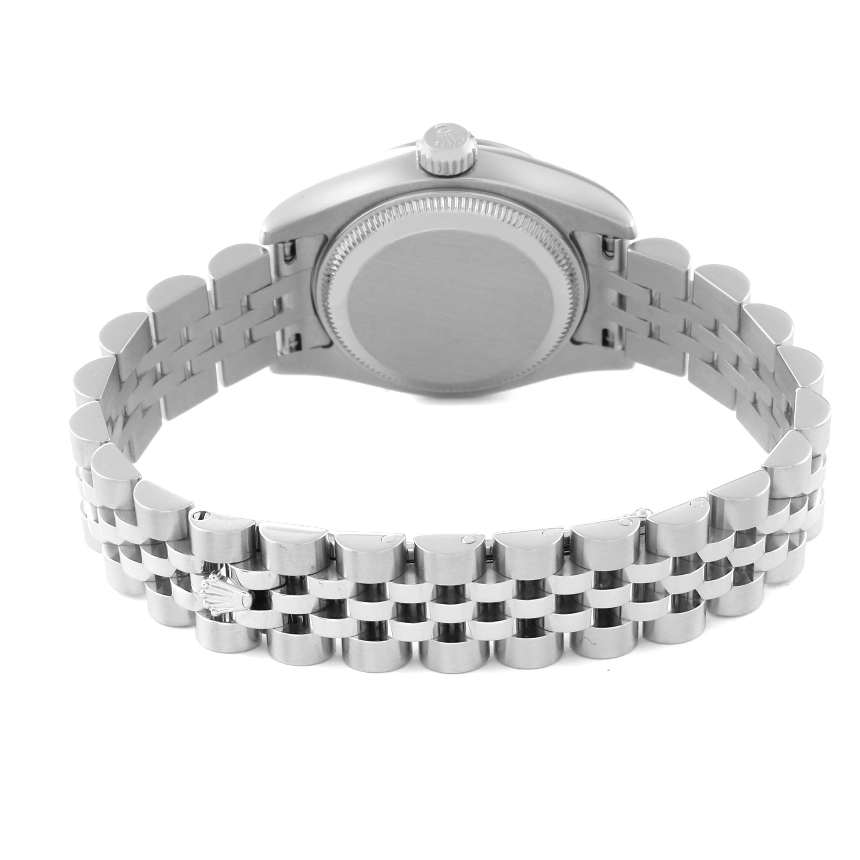 This image shows the back view of a Rolex Datejust 179174 Women's Stainless Steel Mother of Pearl Dial 179174 Women's Stainless Steel Mother of Pearl Dial watch, highlighting the case back and the bracelet.