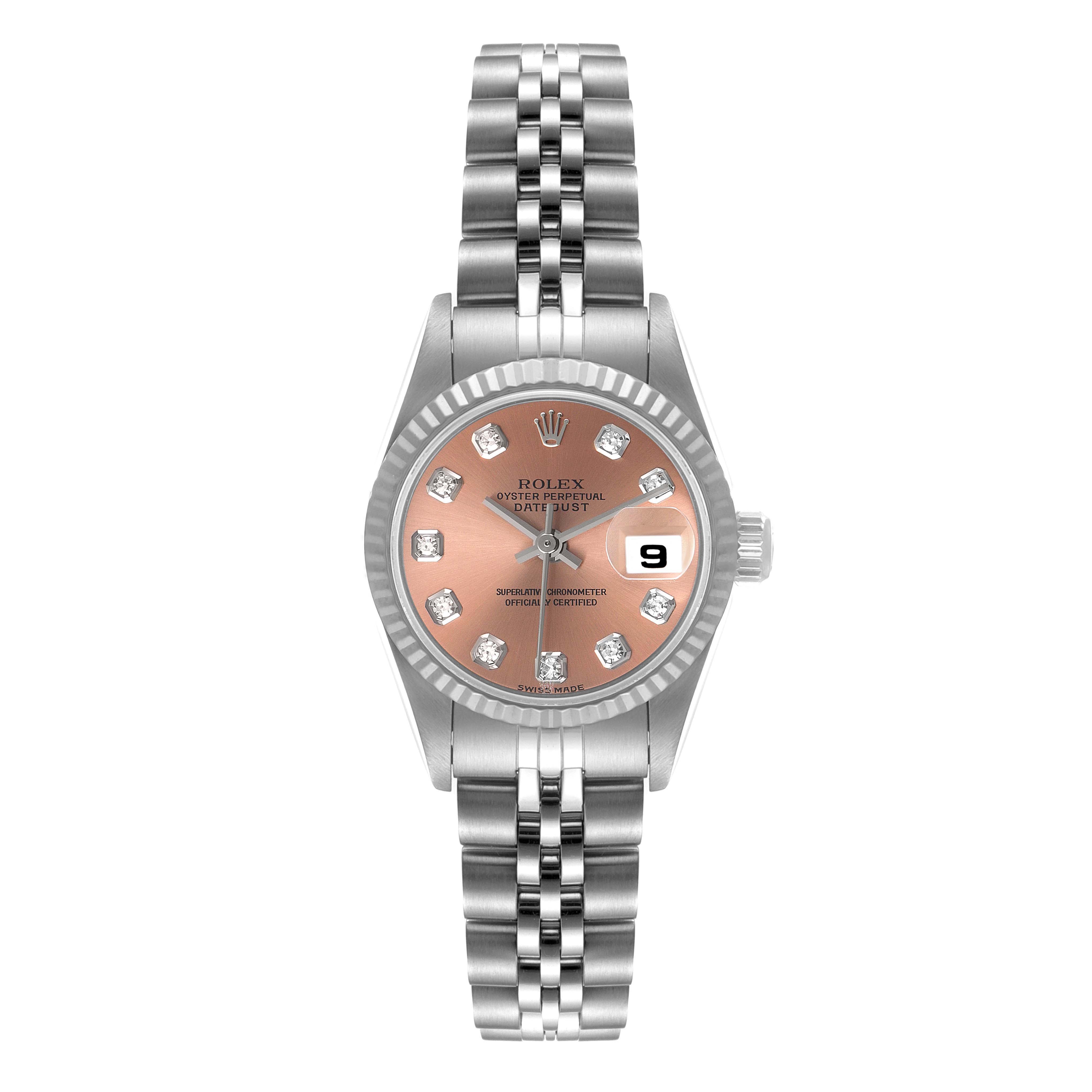 The image shows a Rolex Datejust 79174 Women's Stainless Steel Pink Dial 79174 Women's Stainless Steel Pink Dial watch from a front view, showcasing the dial, bracelet, and crown.