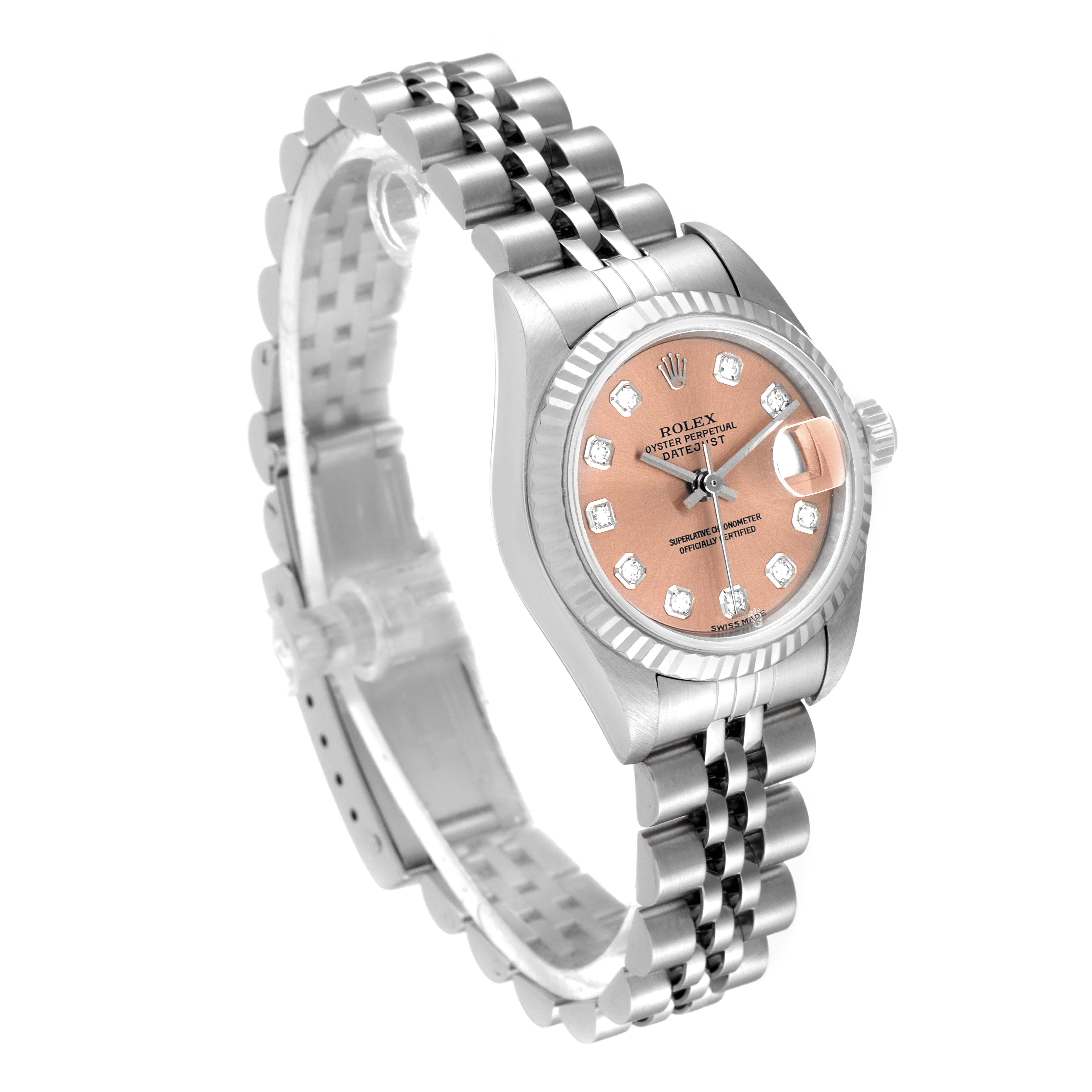 The image shows a Rolex Datejust 79174 Women's Stainless Steel Pink Dial 79174 Women's Stainless Steel Pink Dial watch at a three-quarter angle, highlighting the bracelet, dial, crown, and bezel.