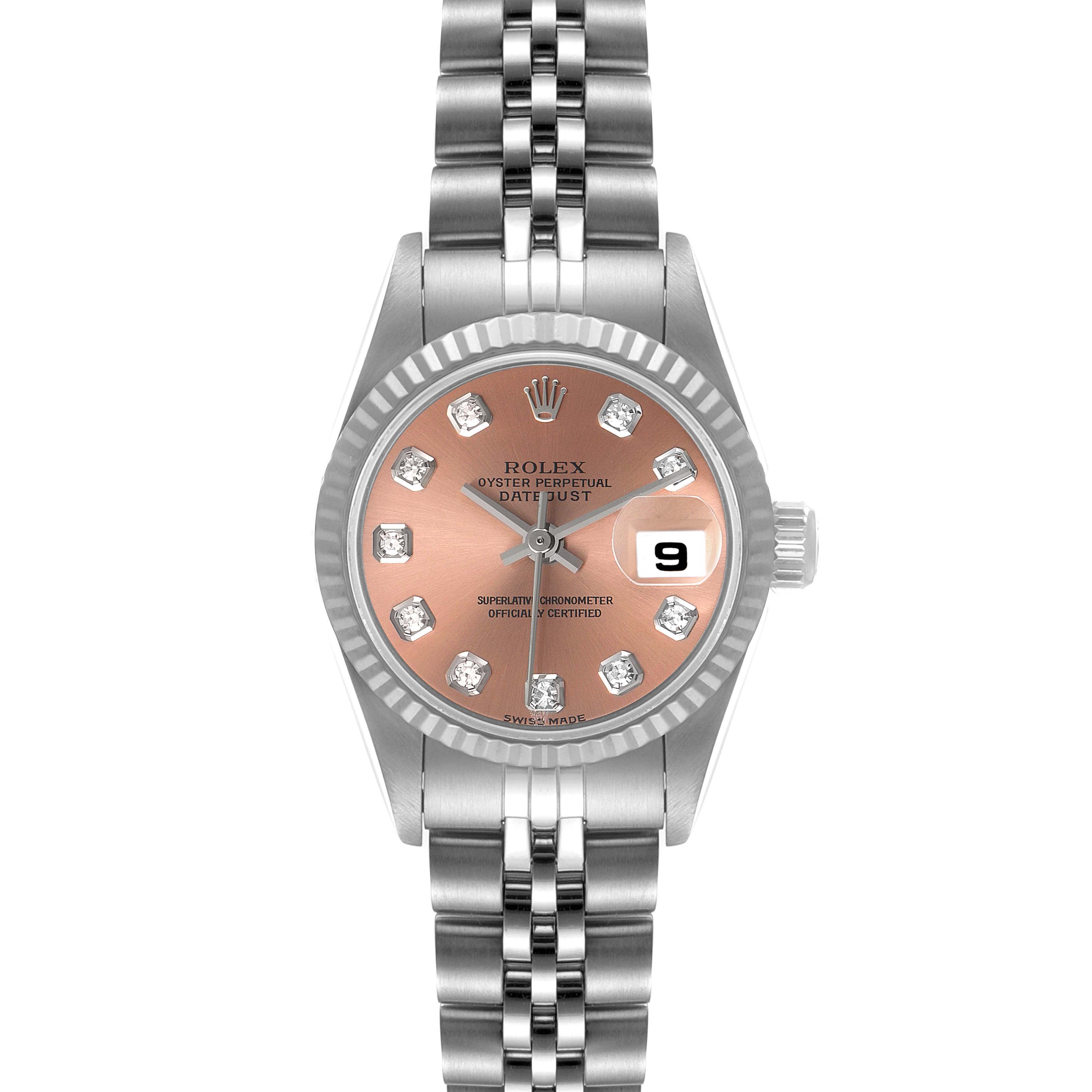 This image shows a frontal view of a Rolex Datejust 79174 Women's Stainless Steel Pink Dial 79174 Women's Stainless Steel Pink Dial watch, highlighting its face, bezel, and bracelet.