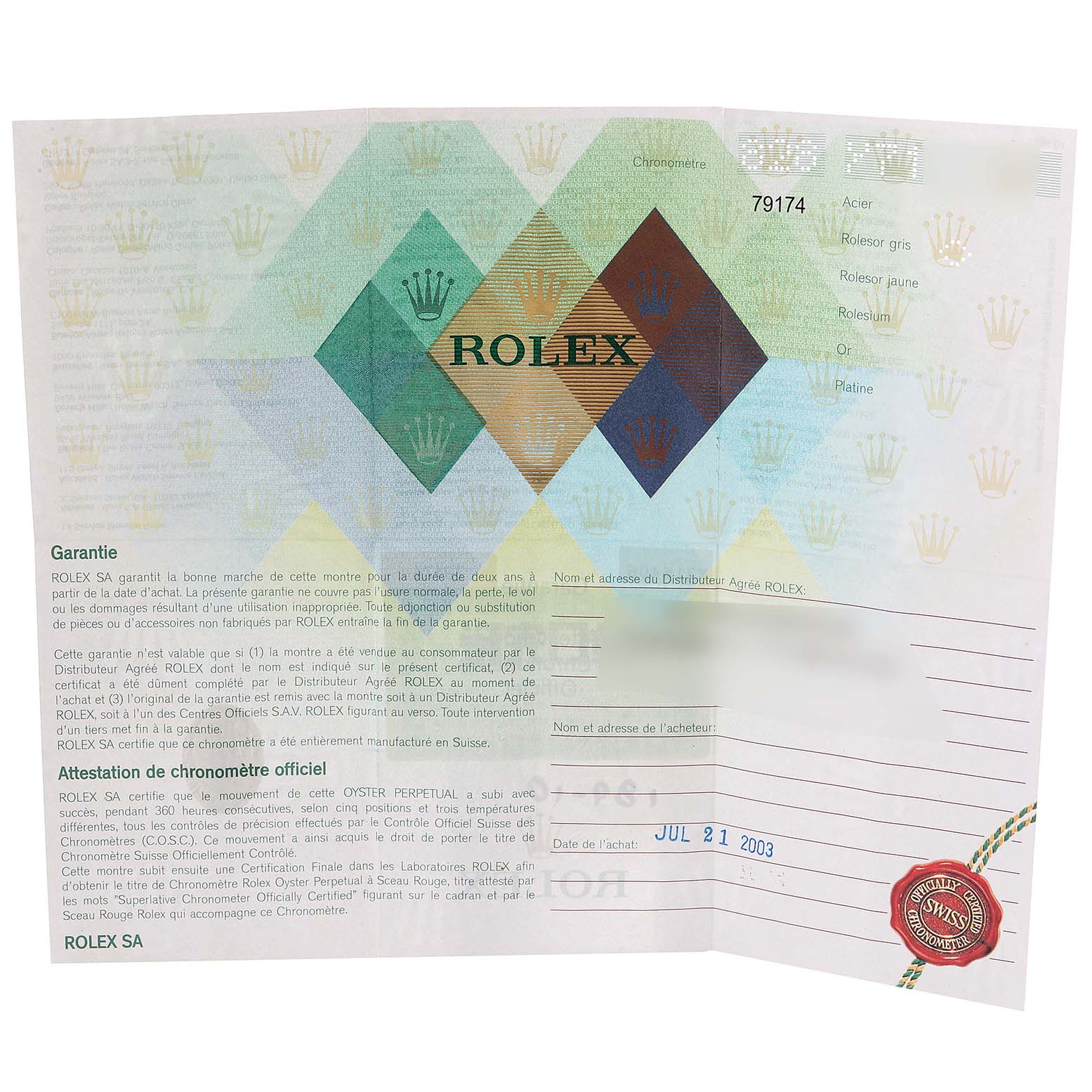 This image shows the warranty card for a Rolex Datejust 79174 Women's Stainless Steel Pink Dial 79174 Women's Stainless Steel Pink Dial model, displaying brand markings and purchase details.