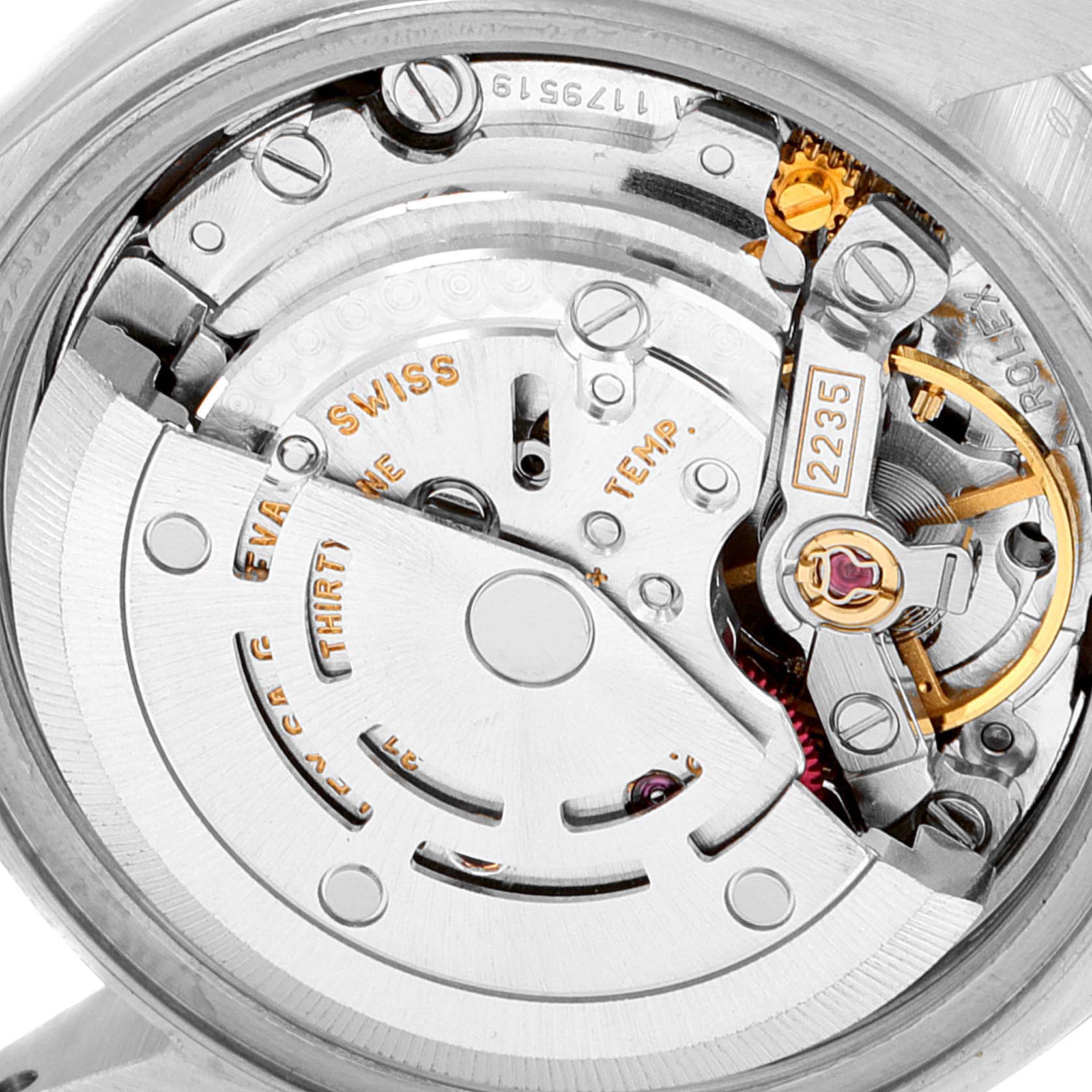 This image shows the internal movement mechanism of a Rolex Datejust 79174 Women's Stainless Steel Pink Dial 79174 Women's Stainless Steel Pink Dial watch, viewed from a close-up angle.