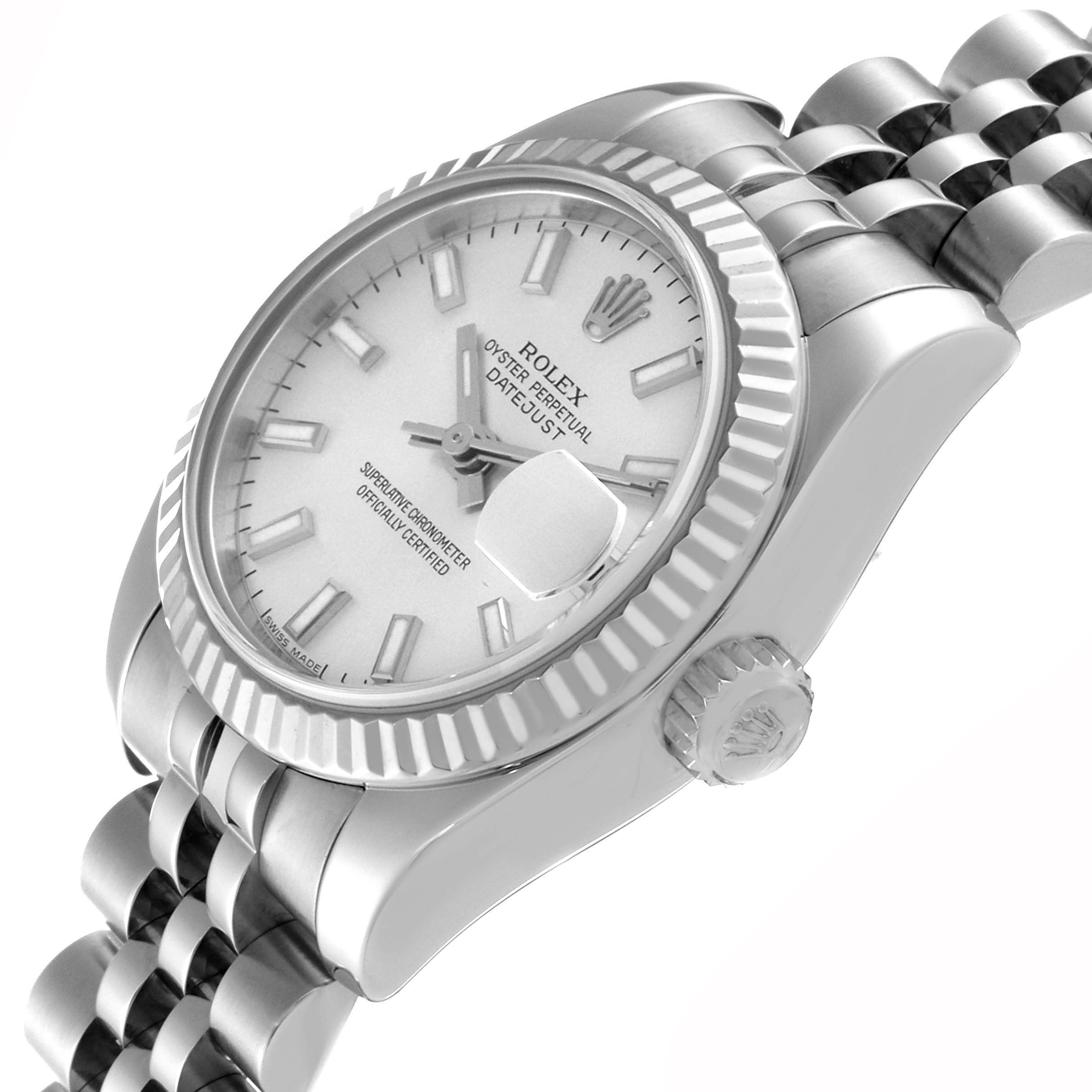 This image shows a Rolex Datejust 179174 Women
s Stainless Steel Silver Dial 179174 Women
s Stainless Steel Silver Dial watch at an angle highlighting the face, crown, and part of the bracelet.