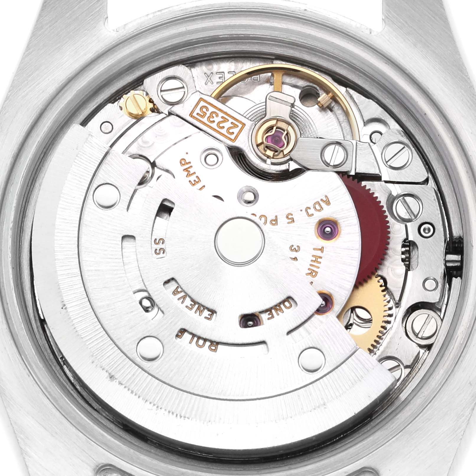 This image shows the intricate internal mechanism from the back angle of a Rolex Datejust 179174 Women
s Stainless Steel Silver Dial 179174 Women
s Stainless Steel Silver Dial watch.