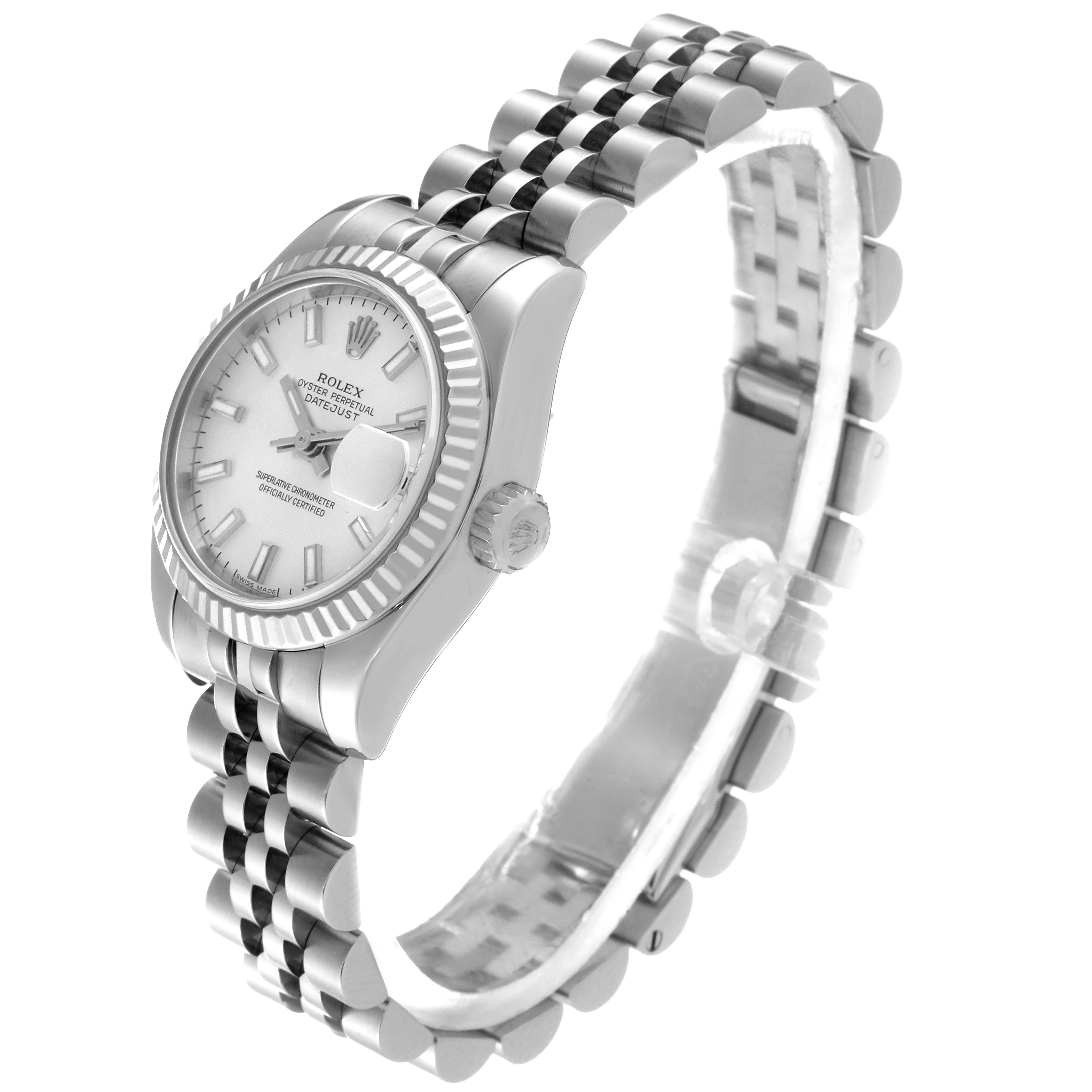 The image shows a side angle of a Rolex Datejust 179174 Women
s Stainless Steel Silver Dial 179174 Women
s Stainless Steel Silver Dial watch, highlighting the dial, bezel, crown, and bracelet.