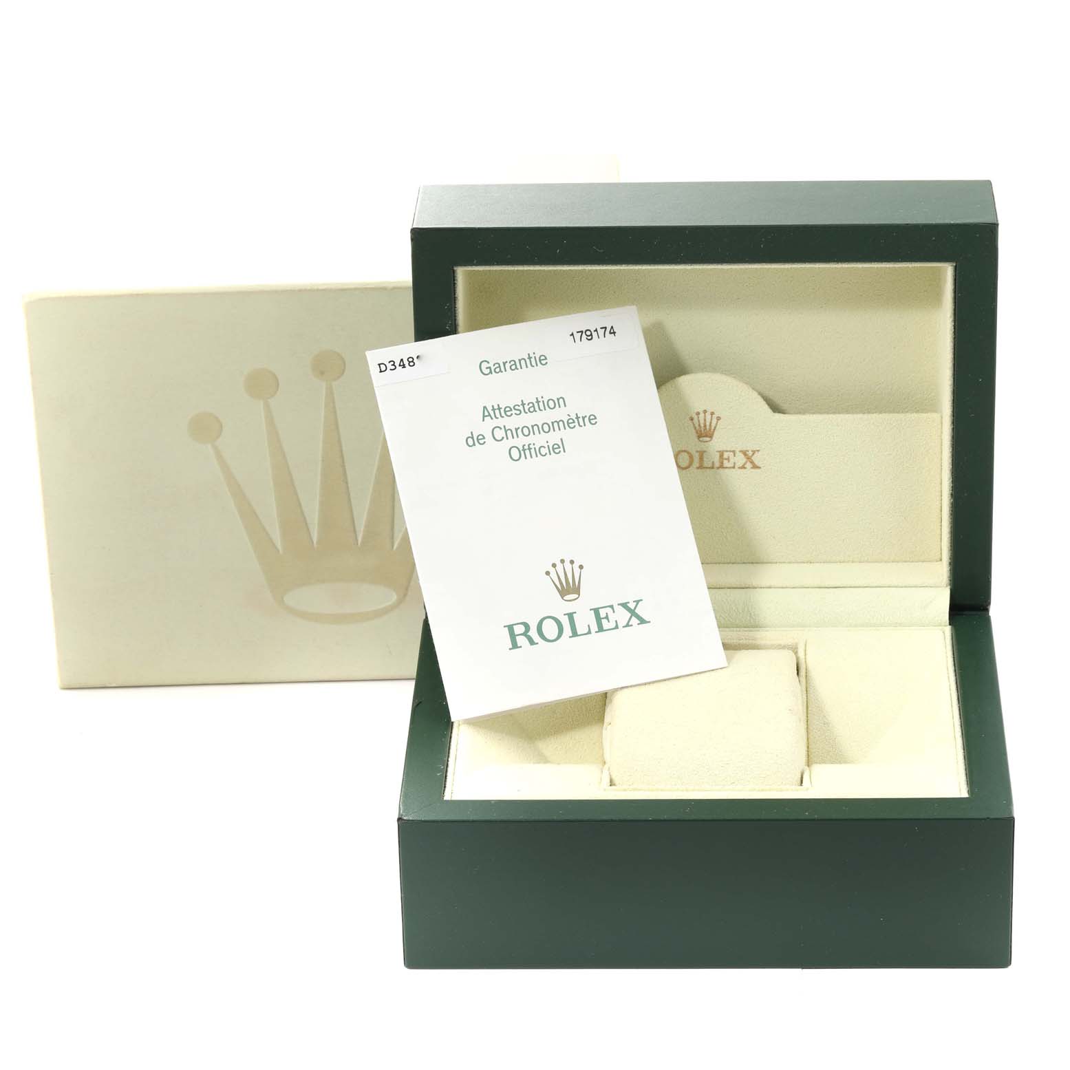 The image shows the open box and warranty certificate for a Rolex Datejust 179174 Women
s Stainless Steel Silver Dial 179174 Women
s Stainless Steel Silver Dial model watch.