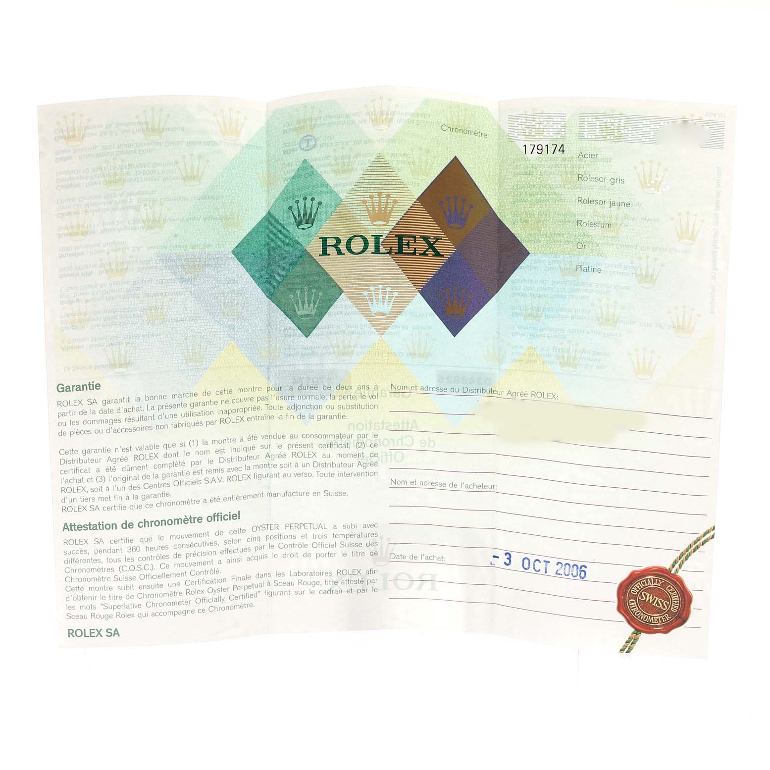 The image shows a warranty and Best Quality
ity certificate for a Rolex Datejust 179174 Women
s Stainless Steel Silver Dial 179174 Women
s Stainless Steel Silver Dial watch, featuring brand information and a purchase date.