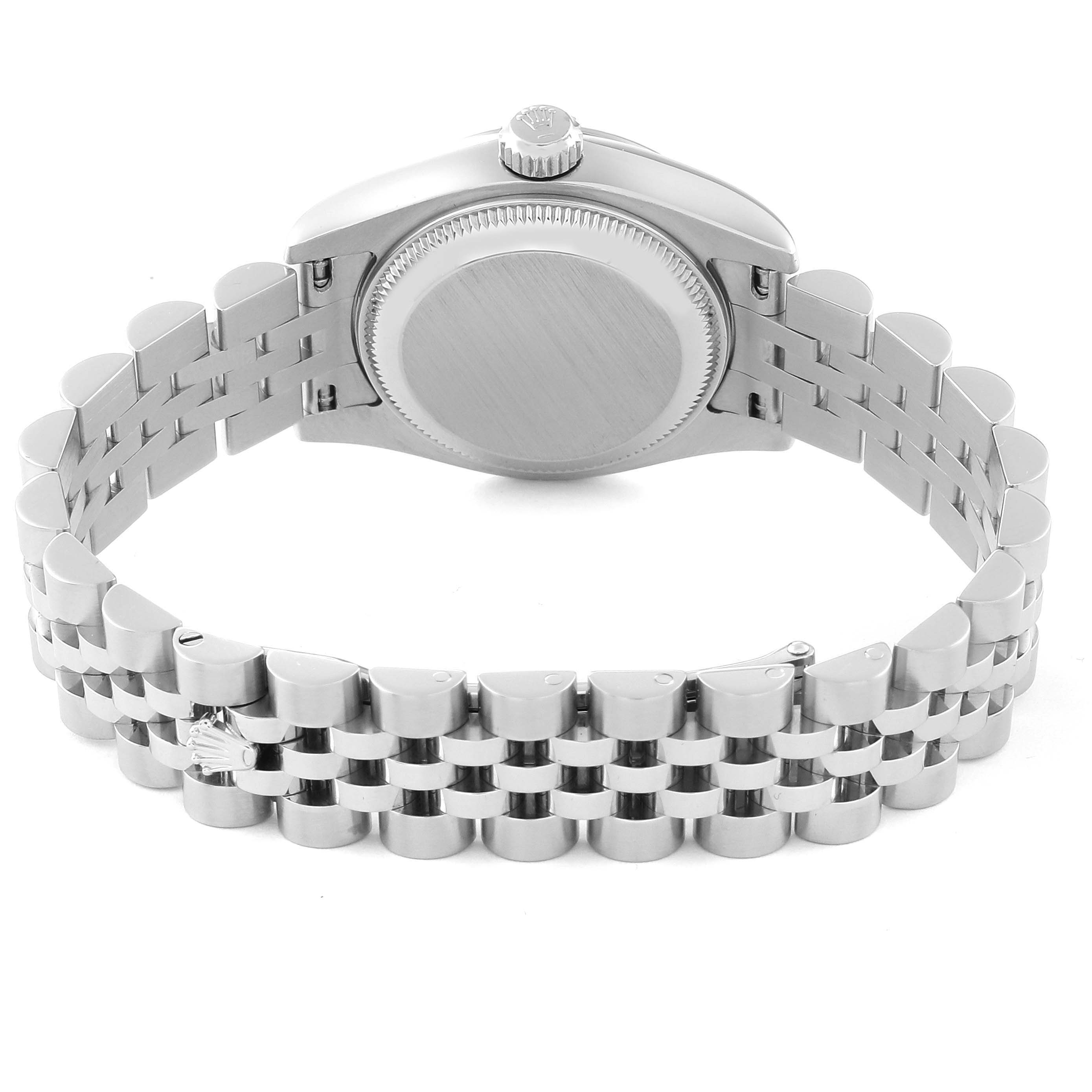 The image shows the back view of a Rolex Datejust 179174 Women
s Stainless Steel Silver Dial 179174 Women
s Stainless Steel Silver Dial watch, focusing on its case back and Jubilee bracelet.