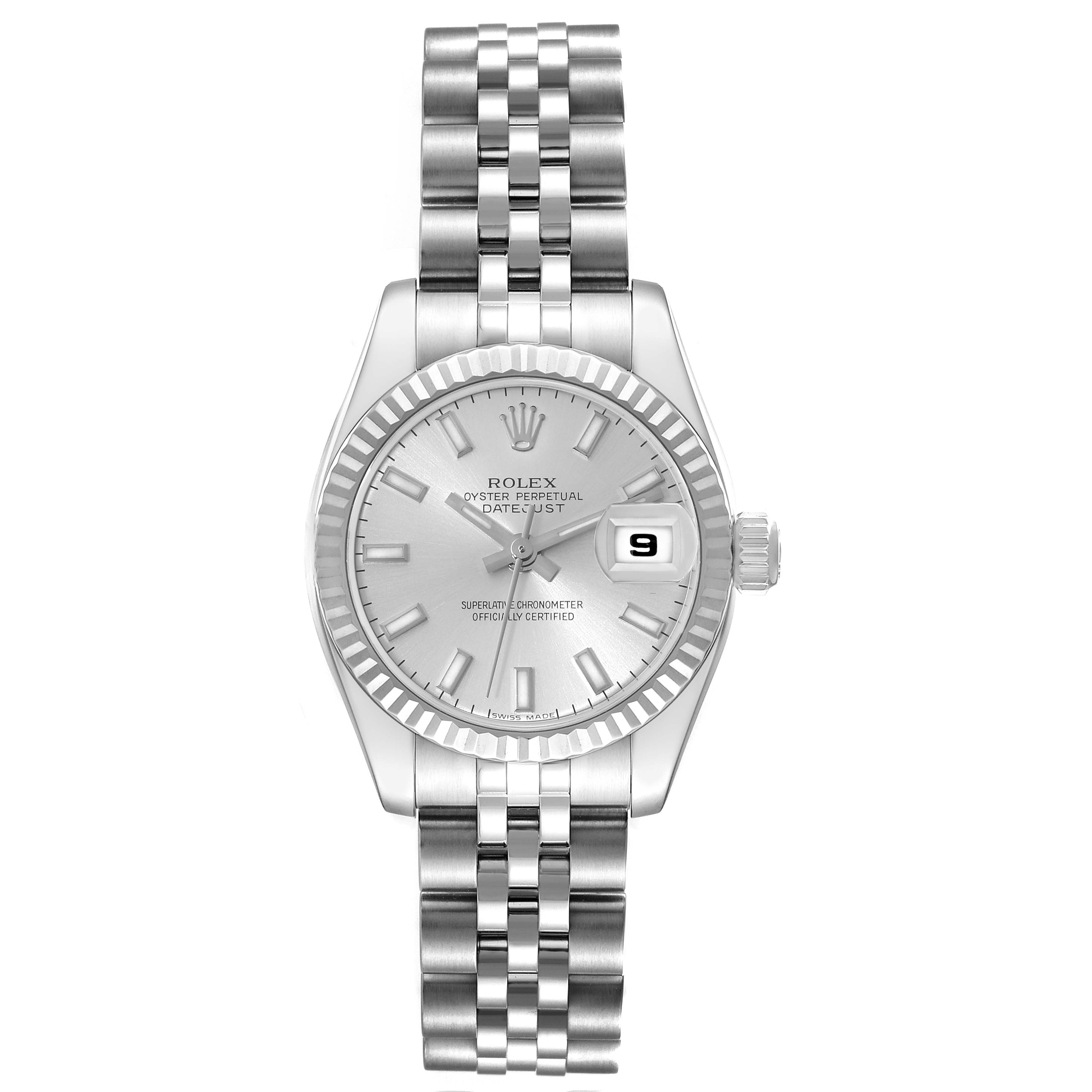 The image shows a Rolex Datejust 179174 Women
s Stainless Steel Silver Dial 179174 Women
s Stainless Steel Silver Dial watch with a silver dial, fluted bezel, and jubilee bracelet from a top-down angle.