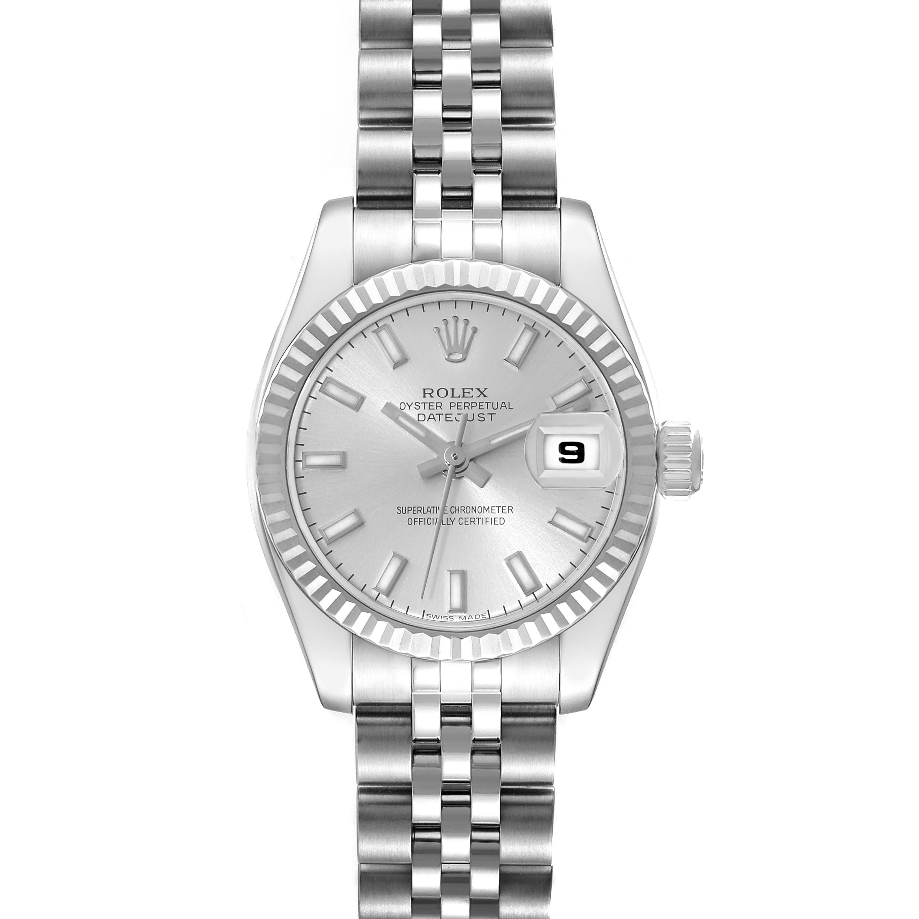This image shows a frontal view of the Rolex Datejust 179174 Women
s Stainless Steel Silver Dial 179174 Women
s Stainless Steel Silver Dial watch, highlighting its silver dial, fluted bezel, date window, and Jubilee bracelet.
