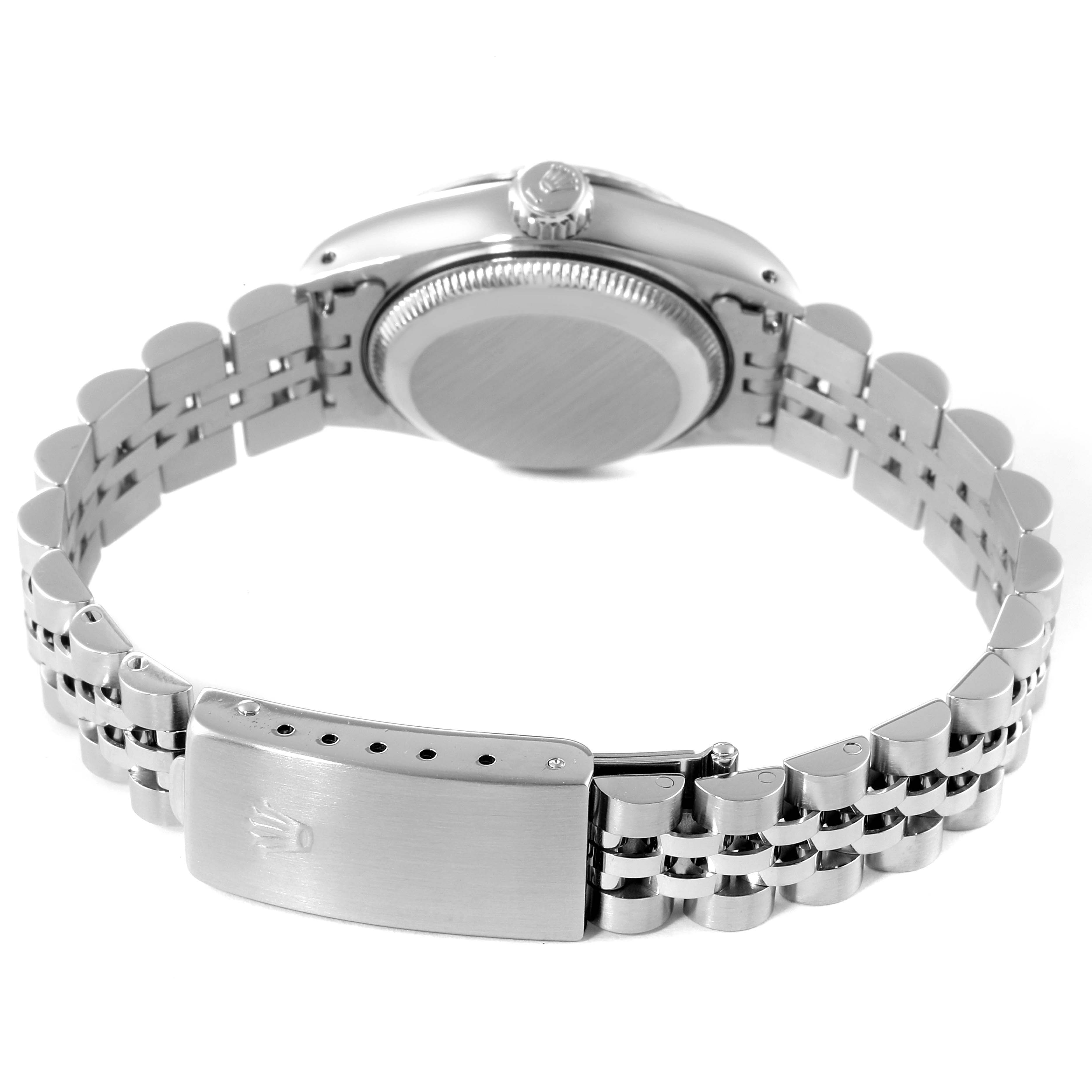 This image shows the backside and the clasp of the Rolex Datejust 69174 Women's Stainless Steel Silver Dial 69174 Women's Stainless Steel Silver Dial watch, highlighting the bracelet and case back.