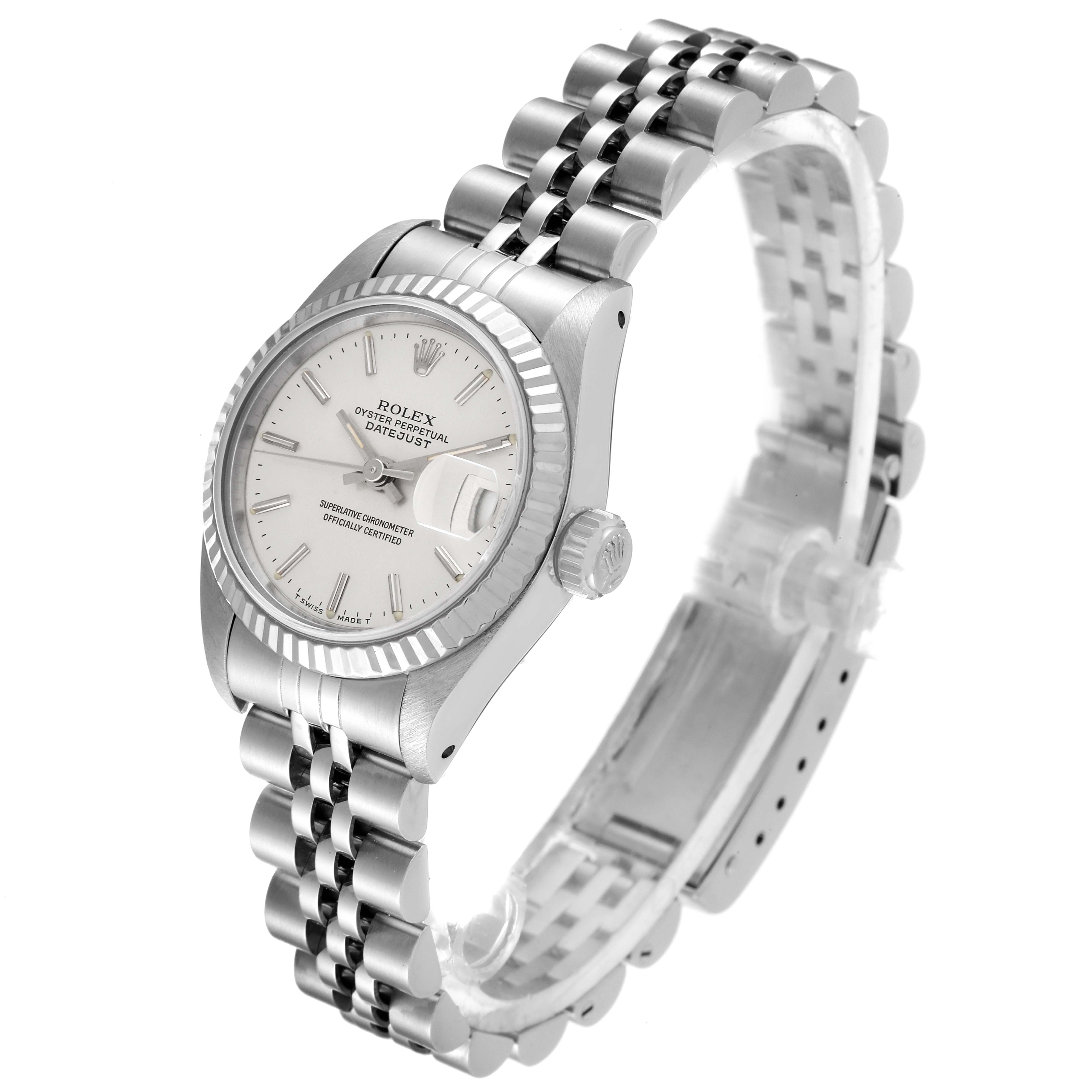 The Rolex Datejust 69174 Women's Stainless Steel Silver Dial 69174 Women's Stainless Steel Silver Dial watch is shown from an angled side view, highlighting its face, bezel, crown, and bracelet.