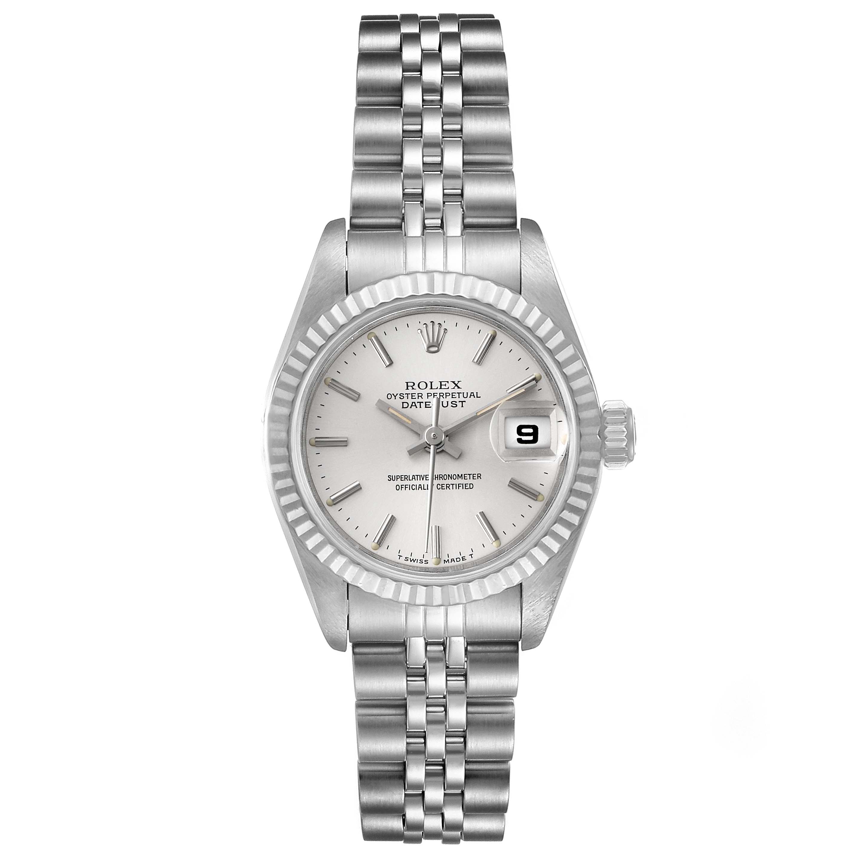 The image shows a Rolex Datejust 69174 Women's Stainless Steel Silver Dial 69174 Women's Stainless Steel Silver Dial watch from a front angle, displaying its dial, bezel, crown, and bracelet.